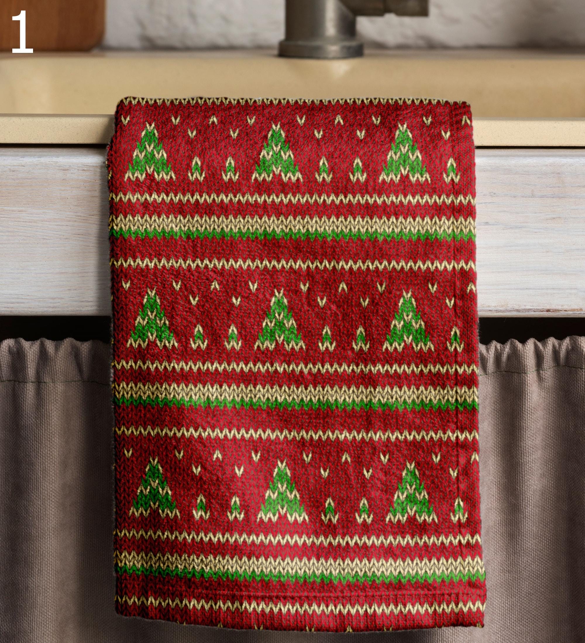 Christmas Pine Tea Towels, Snowflake Kitchen Decor Towels, Knitted Pattern Christmas Tea Towels, Winter Hand Towels, Red Xmas Tea Towels