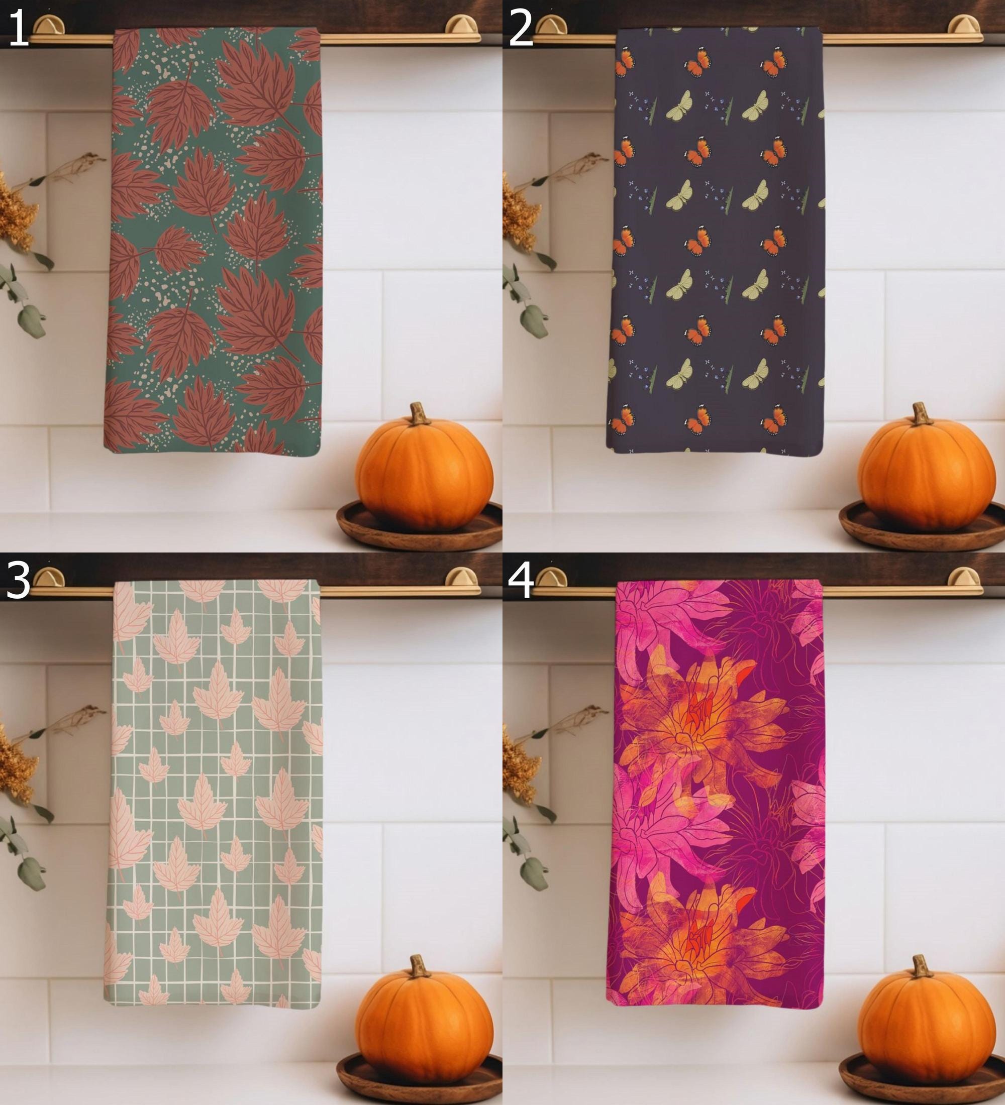 Fall Leaves Tea Towels, Cozy Autumn Leaves Tea Towels, Autumn Kitchen Towels, Thanksgiving Printed Dish Towels, Thanksgiving Tea Towels