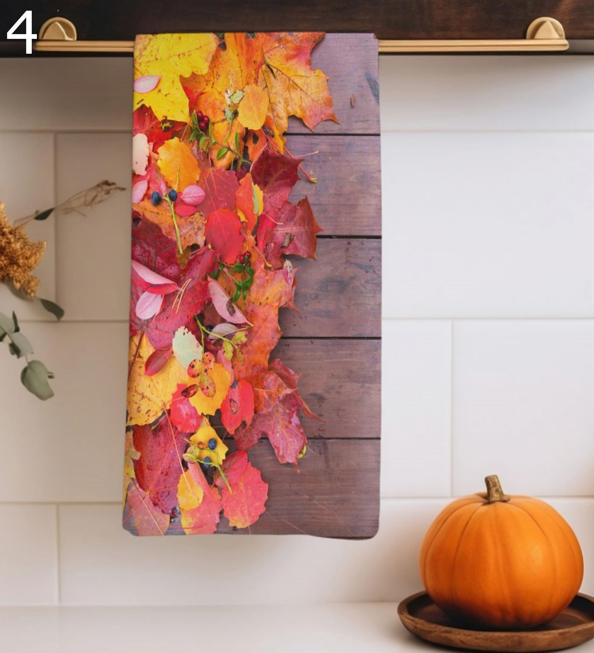 Fall Leaves Tea Towels, Cozy Autumn Tea Towels, Autumn Kitchen Towels, Thanksgiving Printed Dish Towels, Fall Leaf Tea Towels
