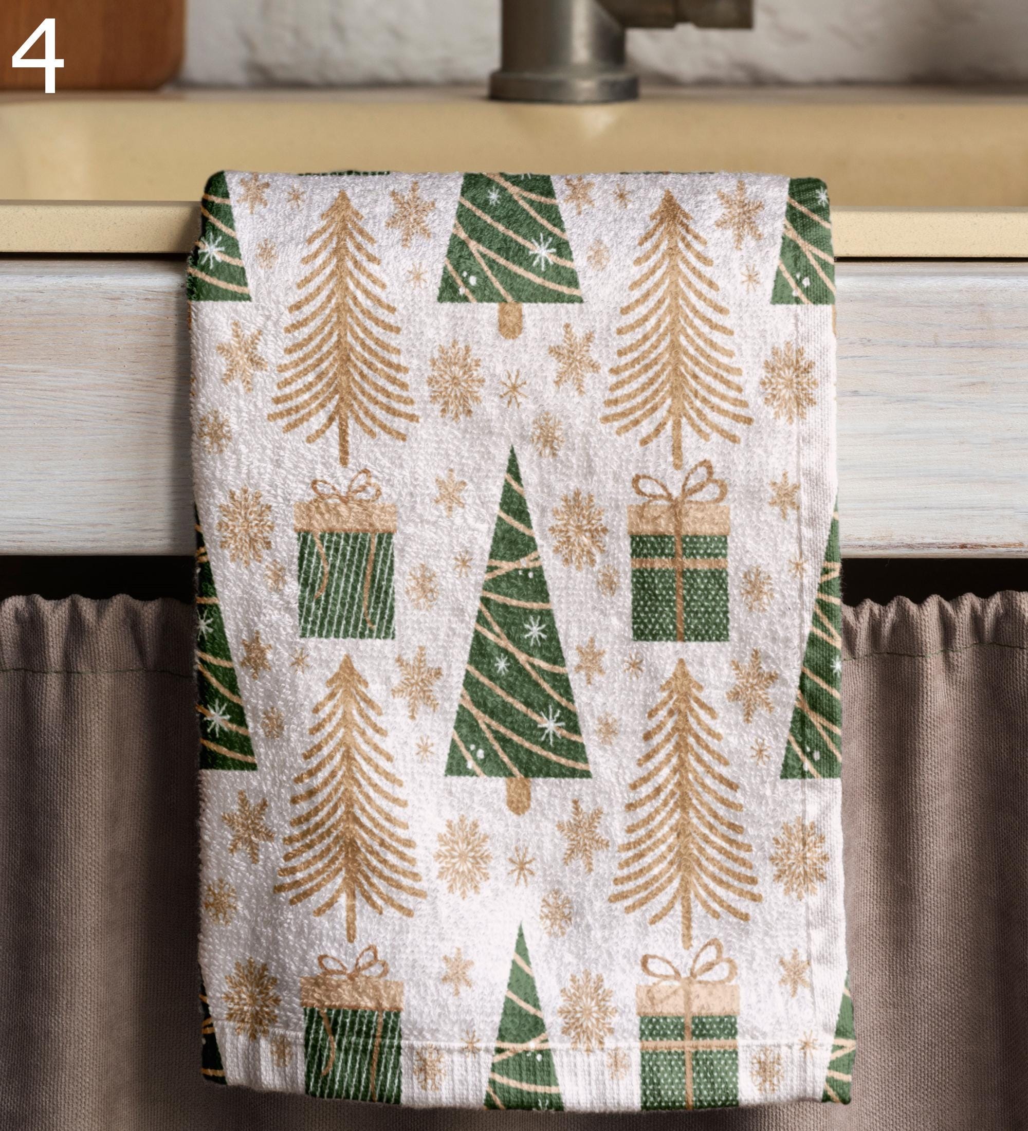 Christmas Tree Print Tea Towel, Christmas Snowflake Kitchen Towel, Xmas Decors Print Tea Towel, Winter Kitchen Towel, Xmas Winter Tea Towel