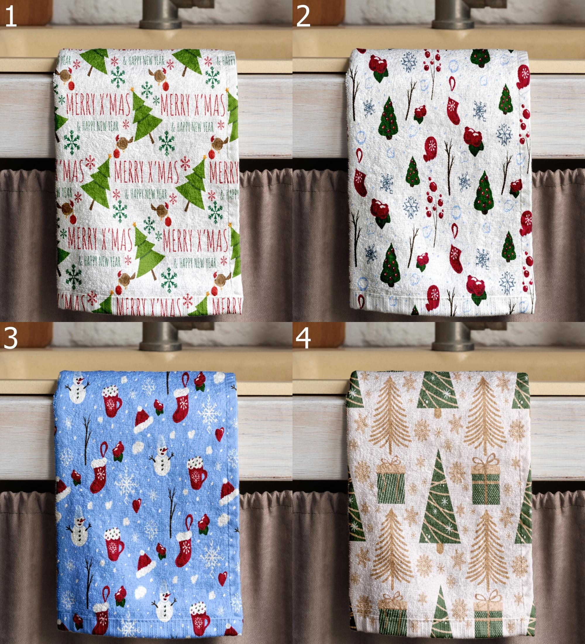 Christmas Tree Print Tea Towel, Christmas Snowflake Kitchen Towel, Xmas Decors Print Tea Towel, Winter Kitchen Towel, Xmas Winter Tea Towel