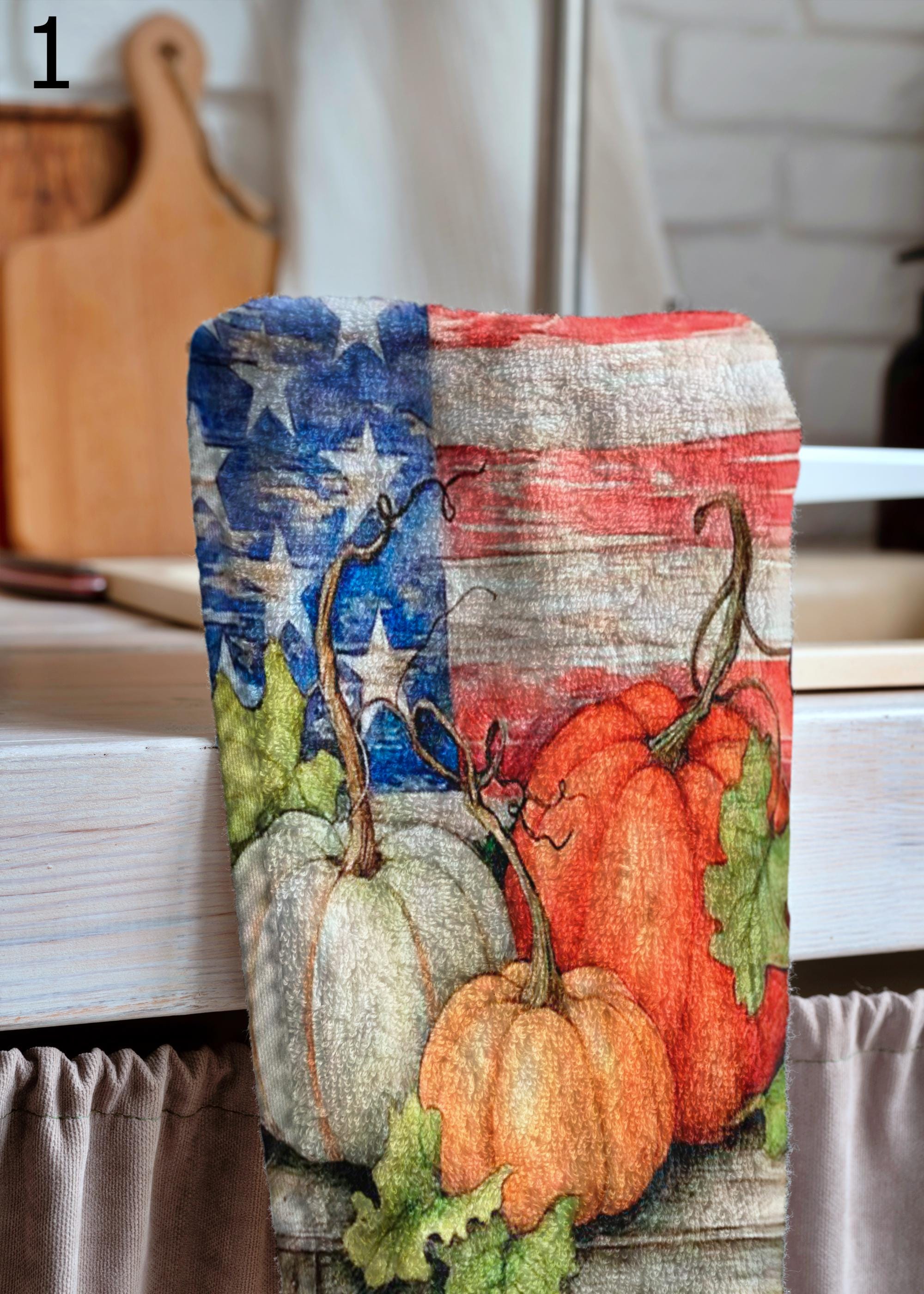 Happy Fall Tea Towels, Autumn Pumpkin Dish Towel, Thanksgiving Kitchen Towels, Pumpkin Flag Tea Towels, Thanksgiving Hand Towels
