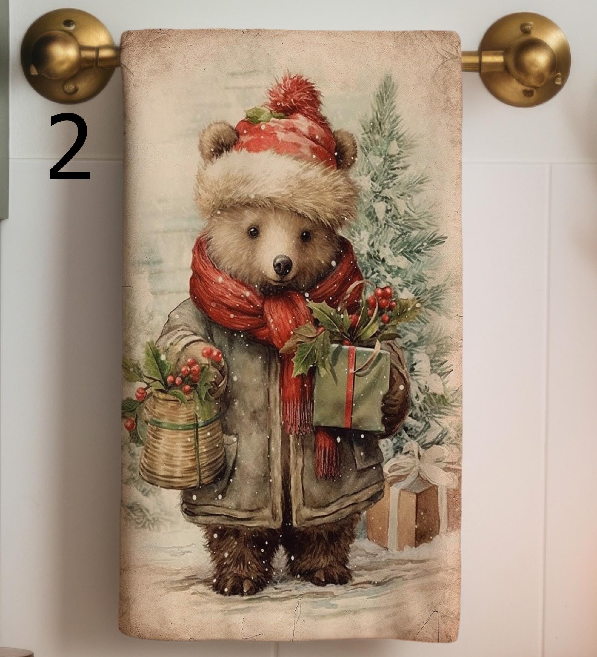 Christmas Fox Tea Towel, Xmas Bear Tea Towels, Cute Fox and Bear Dish Towel, Winter Animals Tea Towel, Noel Animals Kitchen Decor Hand Towel
