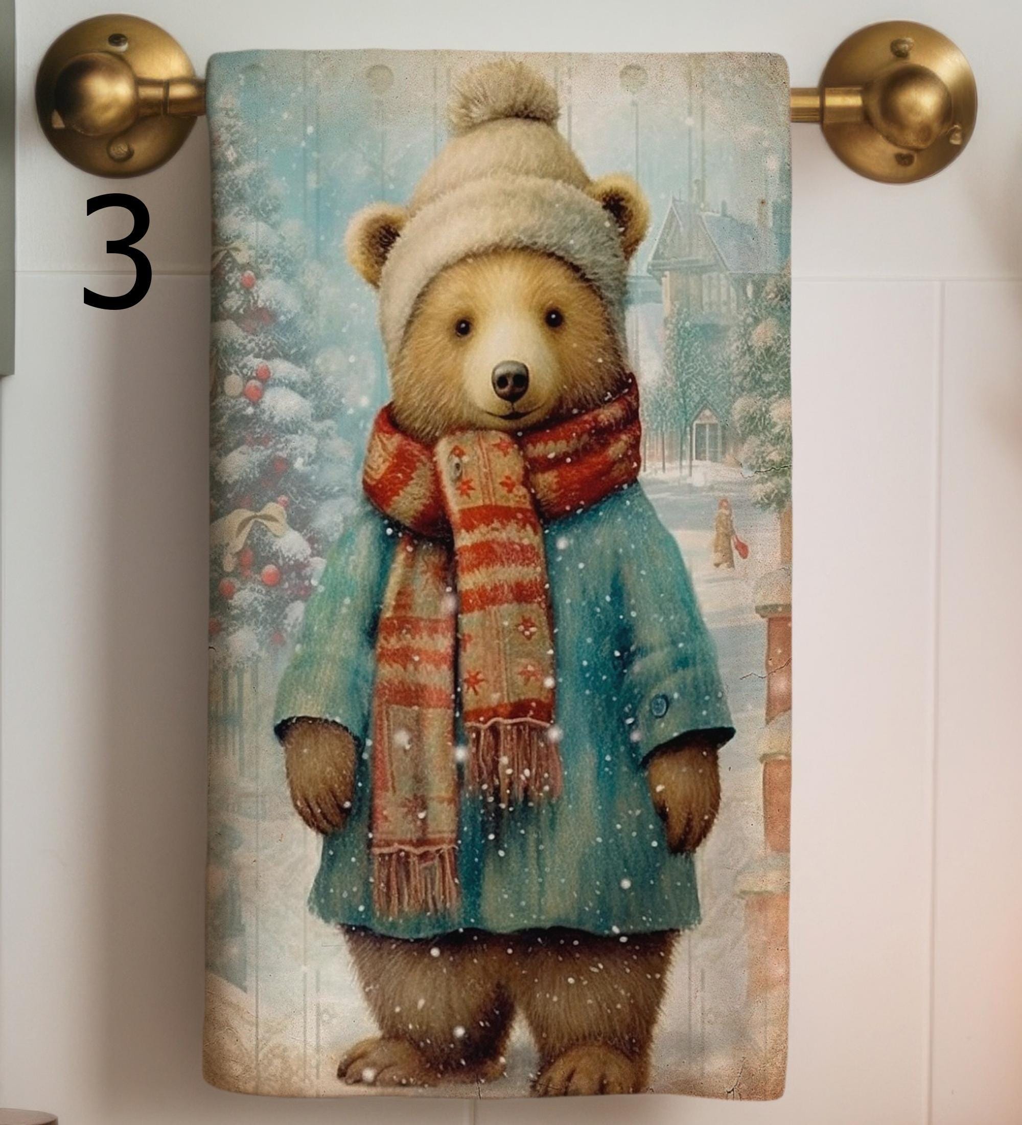 Christmas Fox Tea Towel, Xmas Bear Tea Towels, Cute Fox and Bear Dish Towel, Winter Animals Tea Towel, Noel Animals Kitchen Decor Hand Towel