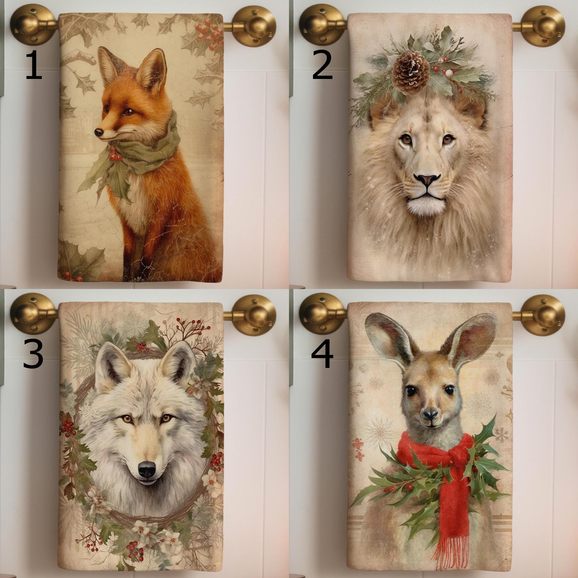 Christmas Animals Tea Towel, Xmas Lion Tea Towel, Cute Fox and Kangaroo Dish Towel, Xmas Wolf Tea Towel, Noel Animals Printed Kitchen Towel