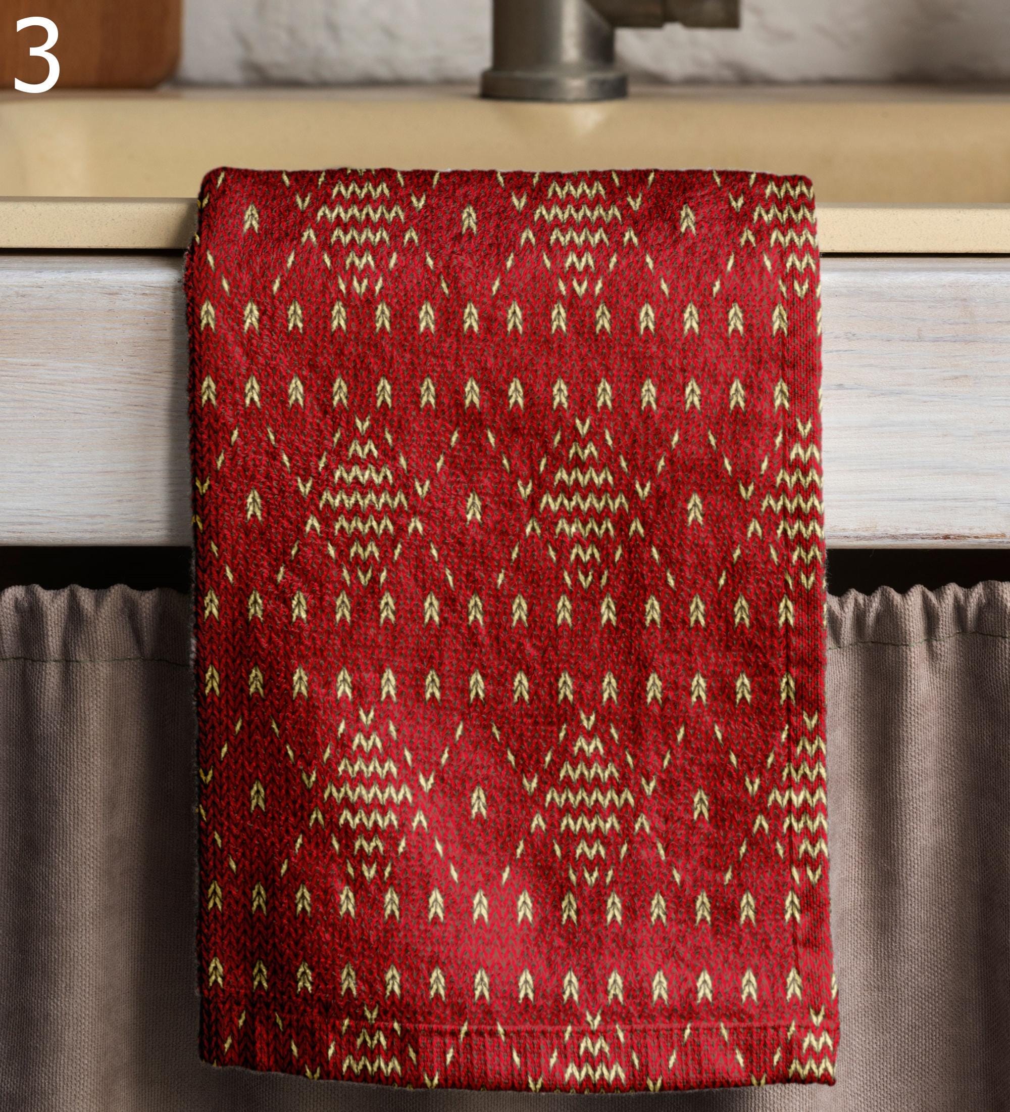 Christmas Pine Tea Towels, Snowflake Kitchen Decor Towels, Knitted Pattern Christmas Tea Towels, Winter Hand Towels, Red Xmas Tea Towels