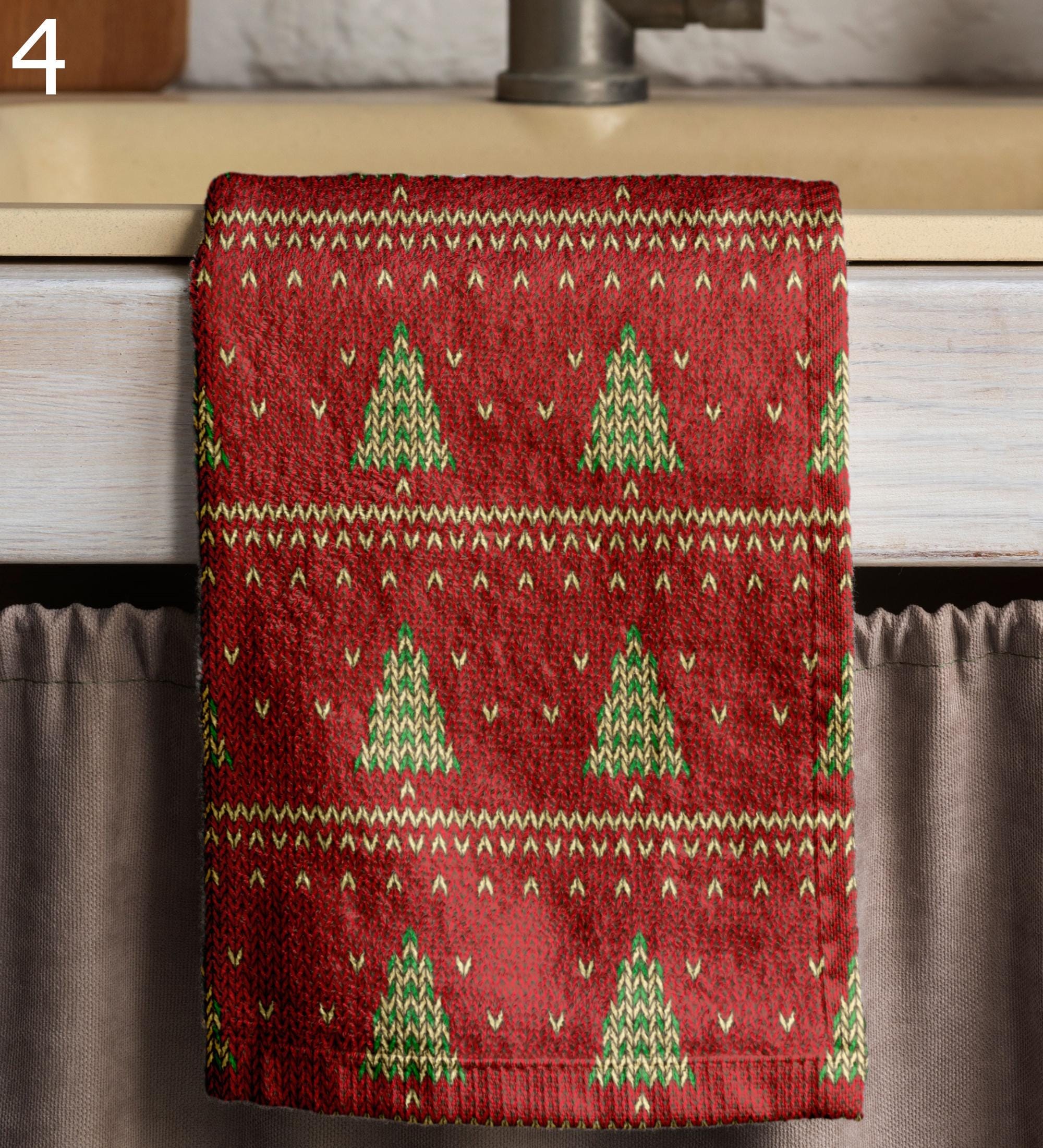 Christmas Pine Tea Towels, Snowflake Kitchen Decor Towels, Knitted Pattern Christmas Tea Towels, Winter Hand Towels, Red Xmas Tea Towels
