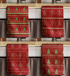 Christmas Pine Tea Towels, Snowflake Kitchen Decor Towels, Knitted Pattern Christmas Tea Towels, Winter Hand Towels, Red Xmas Tea Towels