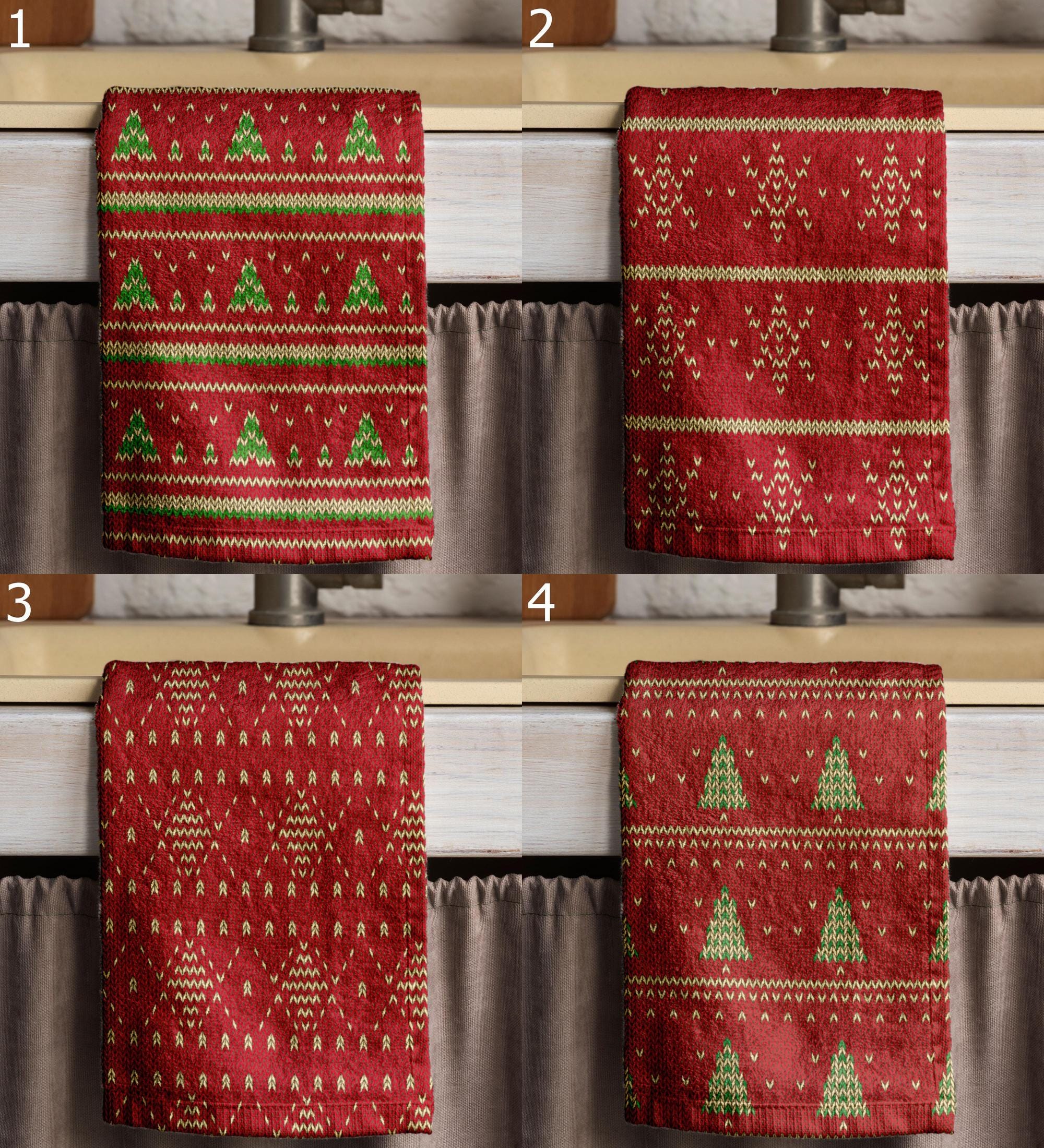 Christmas Pine Tea Towels, Snowflake Kitchen Decor Towels, Knitted Pattern Christmas Tea Towels, Winter Hand Towels, Red Xmas Tea Towels