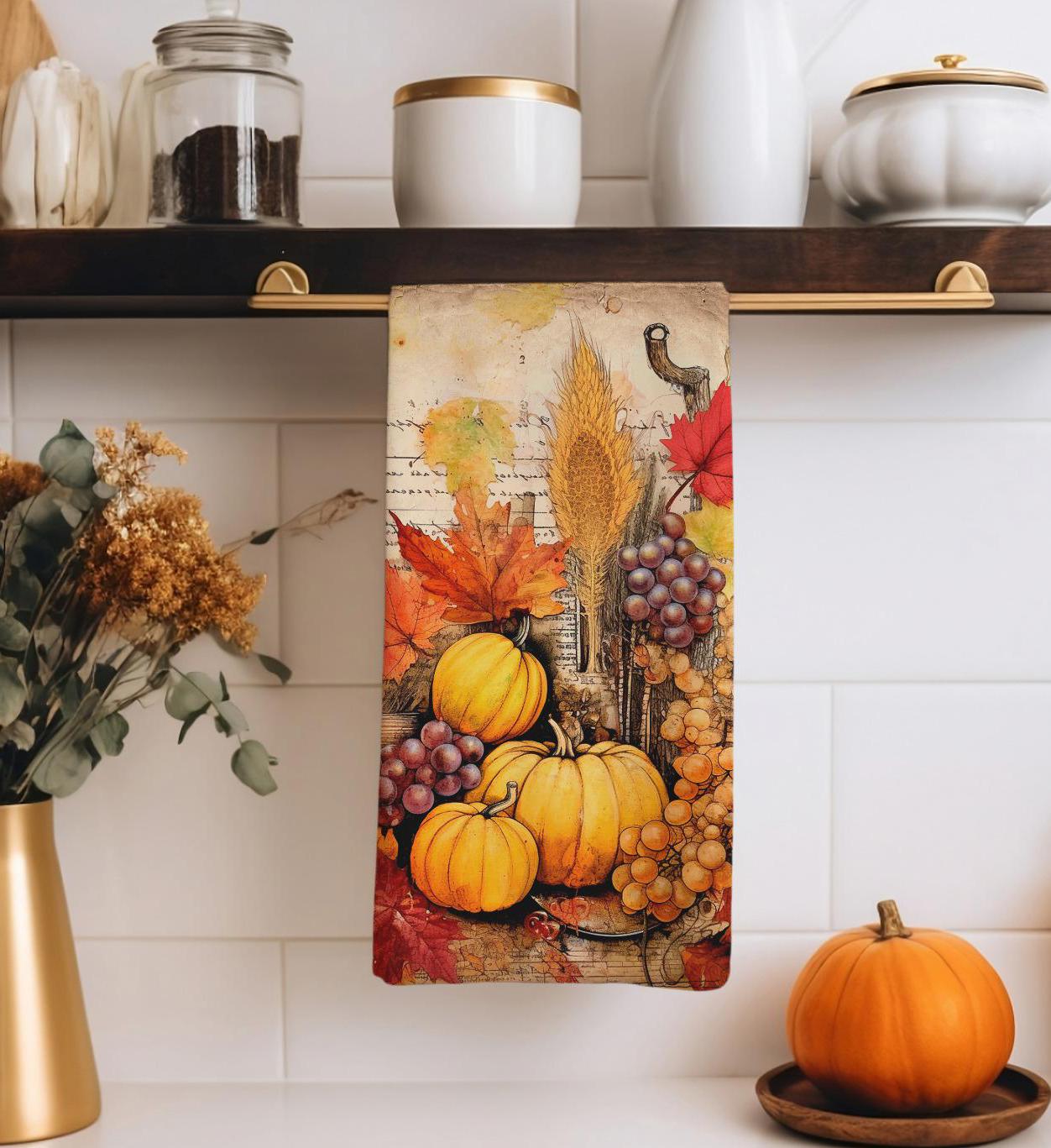 Fall Dish Towel, Thanksgiving Pumpkin Tea Towels, Autumn Print Dish Towels, Thanksgiving Kitchen Decor, Fall Pumpkin Fingertip Towels