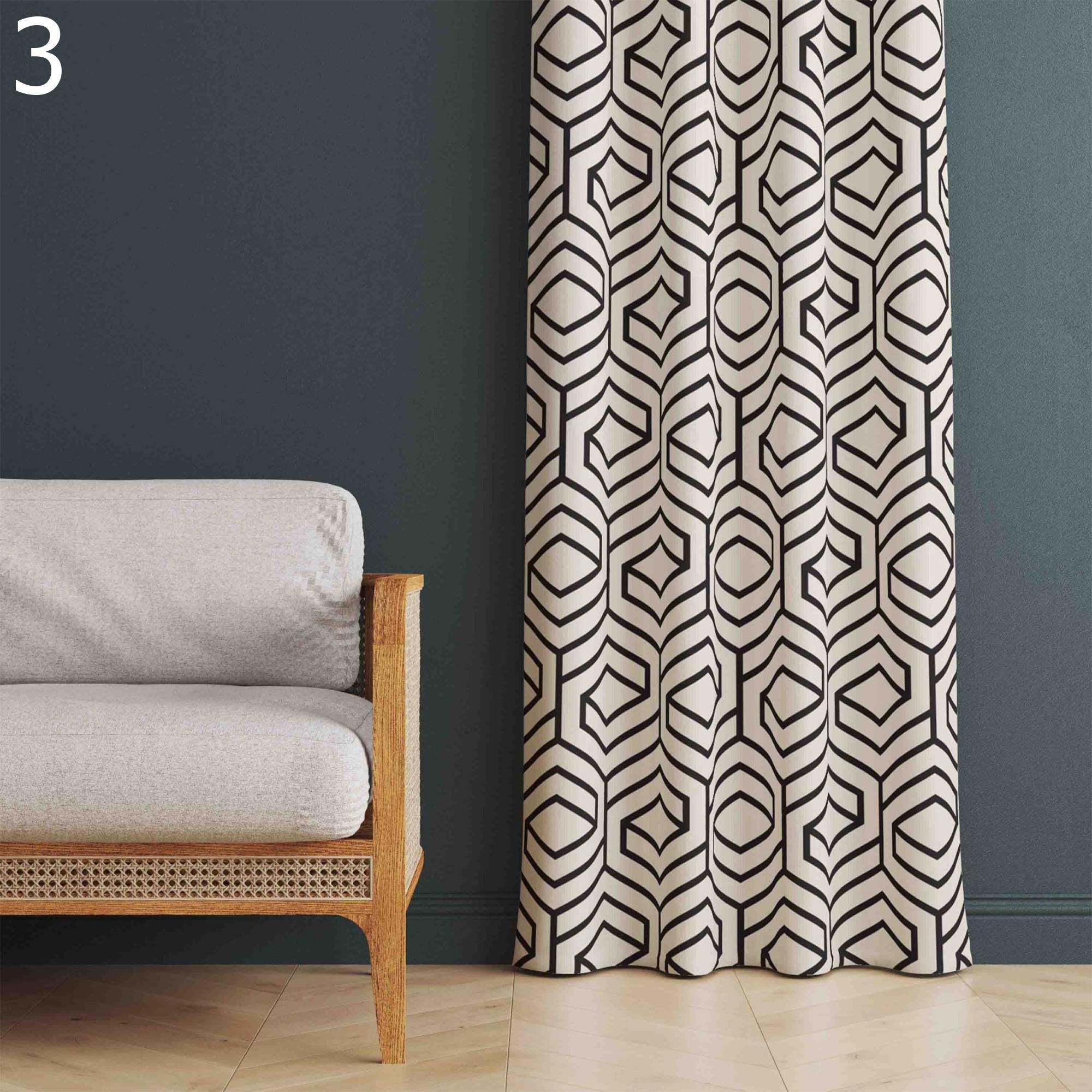 Black White Curtains, Mid Century Curtain Panels, Abstract Retro Style Living Room Curtain, Modern Geometric Curtains, Black White Panels
