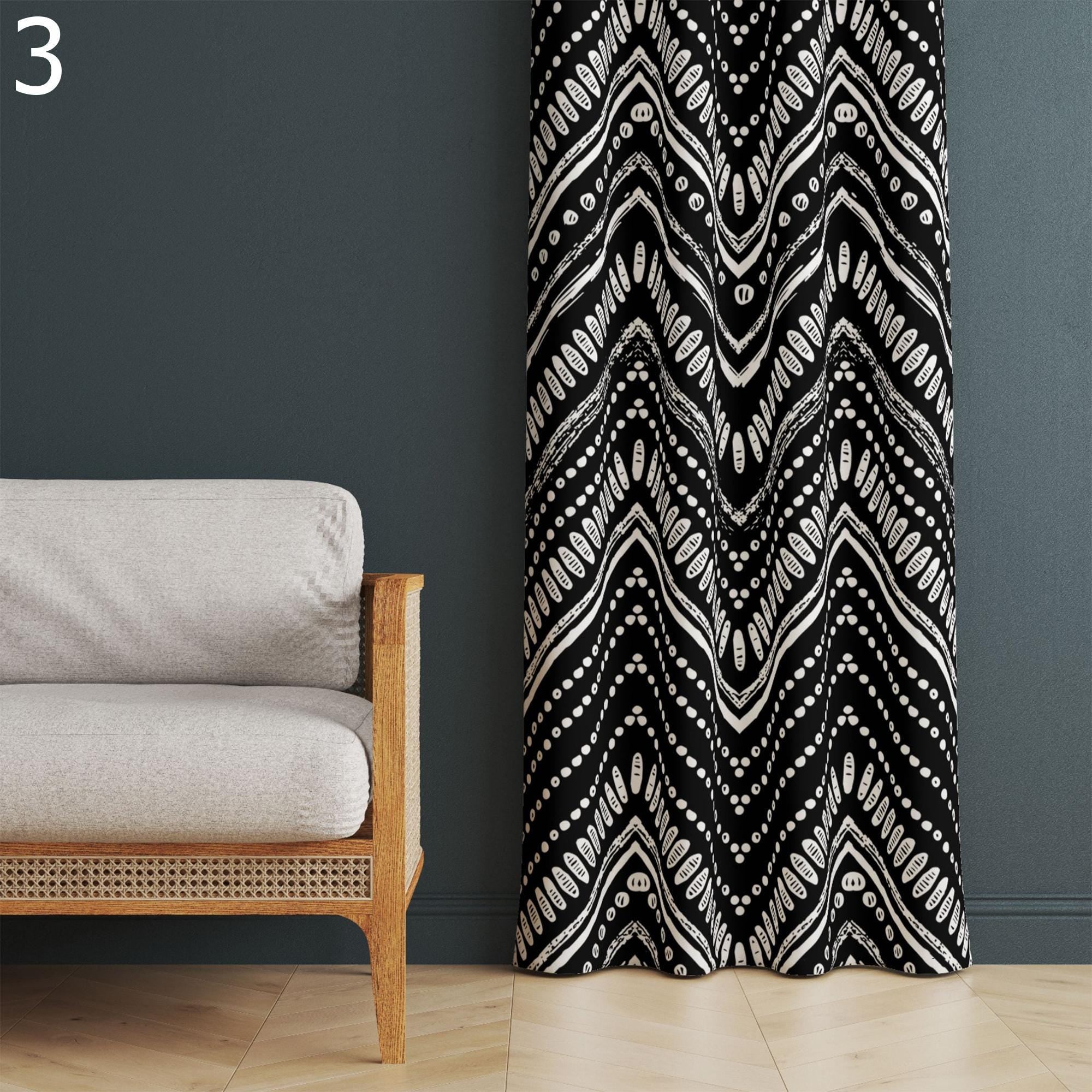 Black White Ethnic Curtains, Minimalist Tribal Panels, Boho Ethnic Blackout Drapes, Modern Tribal Black White Grommet Window Curtain