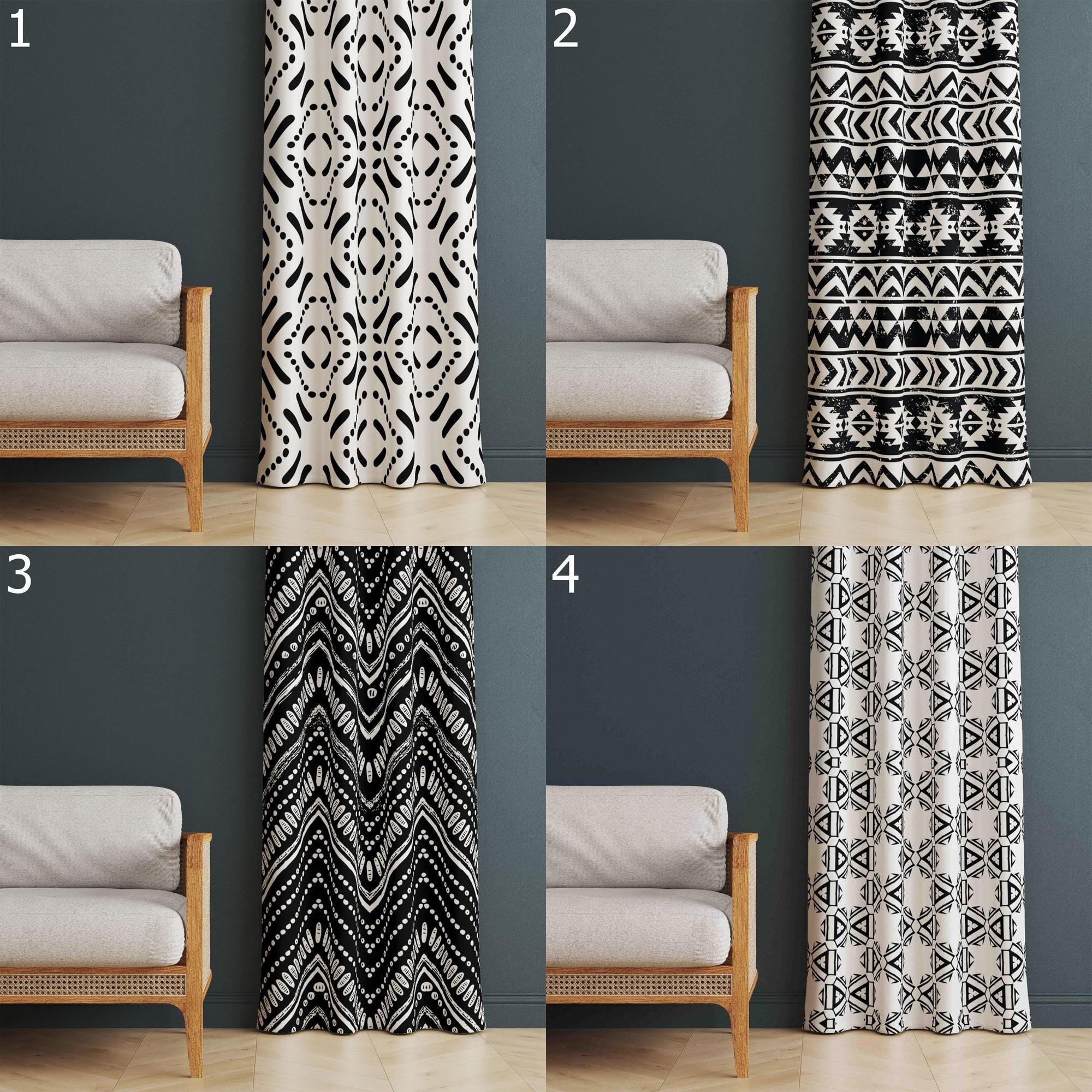 Black White Ethnic Curtains, Minimalist Tribal Panels, Boho Ethnic Blackout Drapes, Modern Tribal Black White Grommet Window Curtain