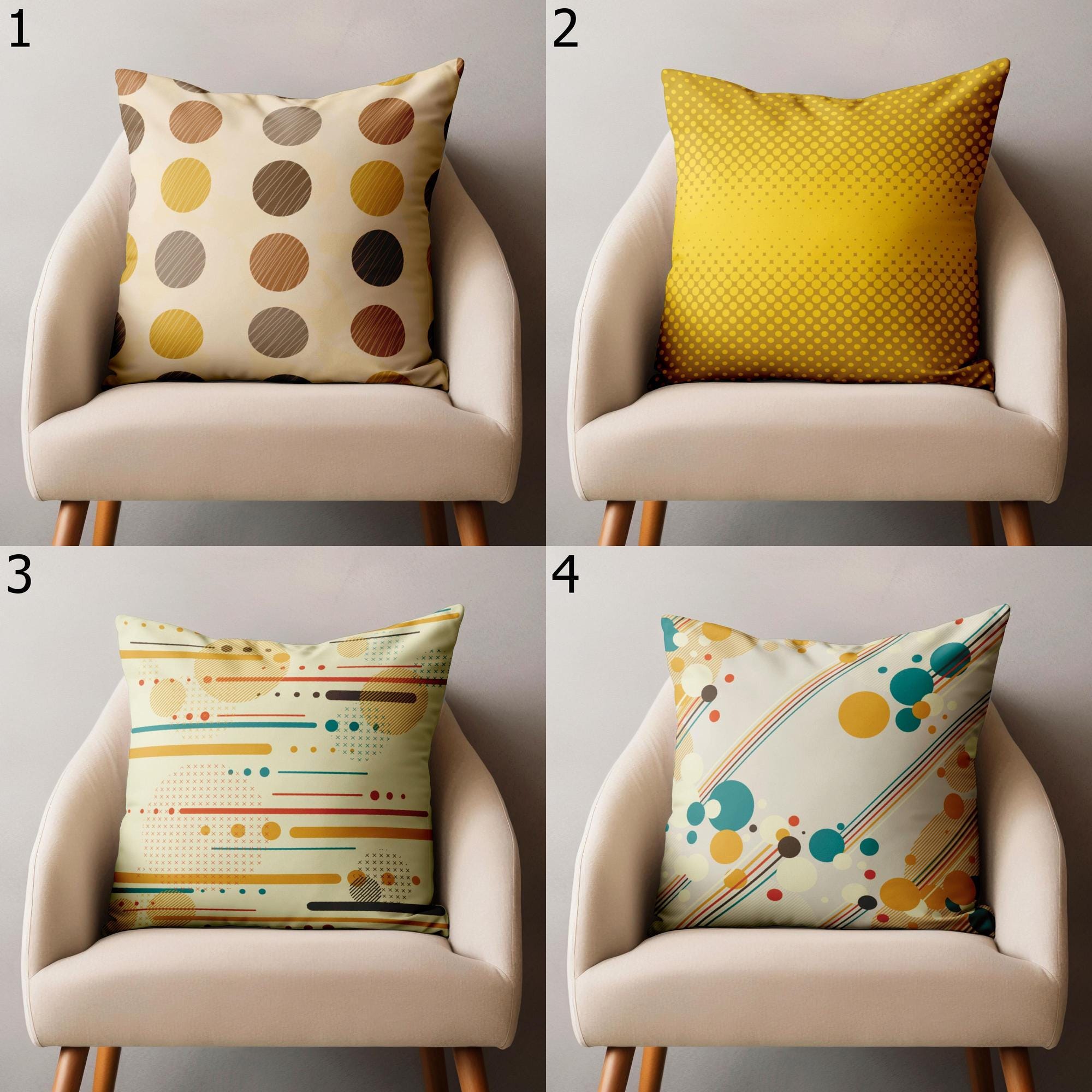 Retro Geometric Pillow Covers, Yellow and Beige Throw Pillows, Mid-Century Modern Circle Cushion Cover, 70's 80's 90's Pop Art Pillowcases