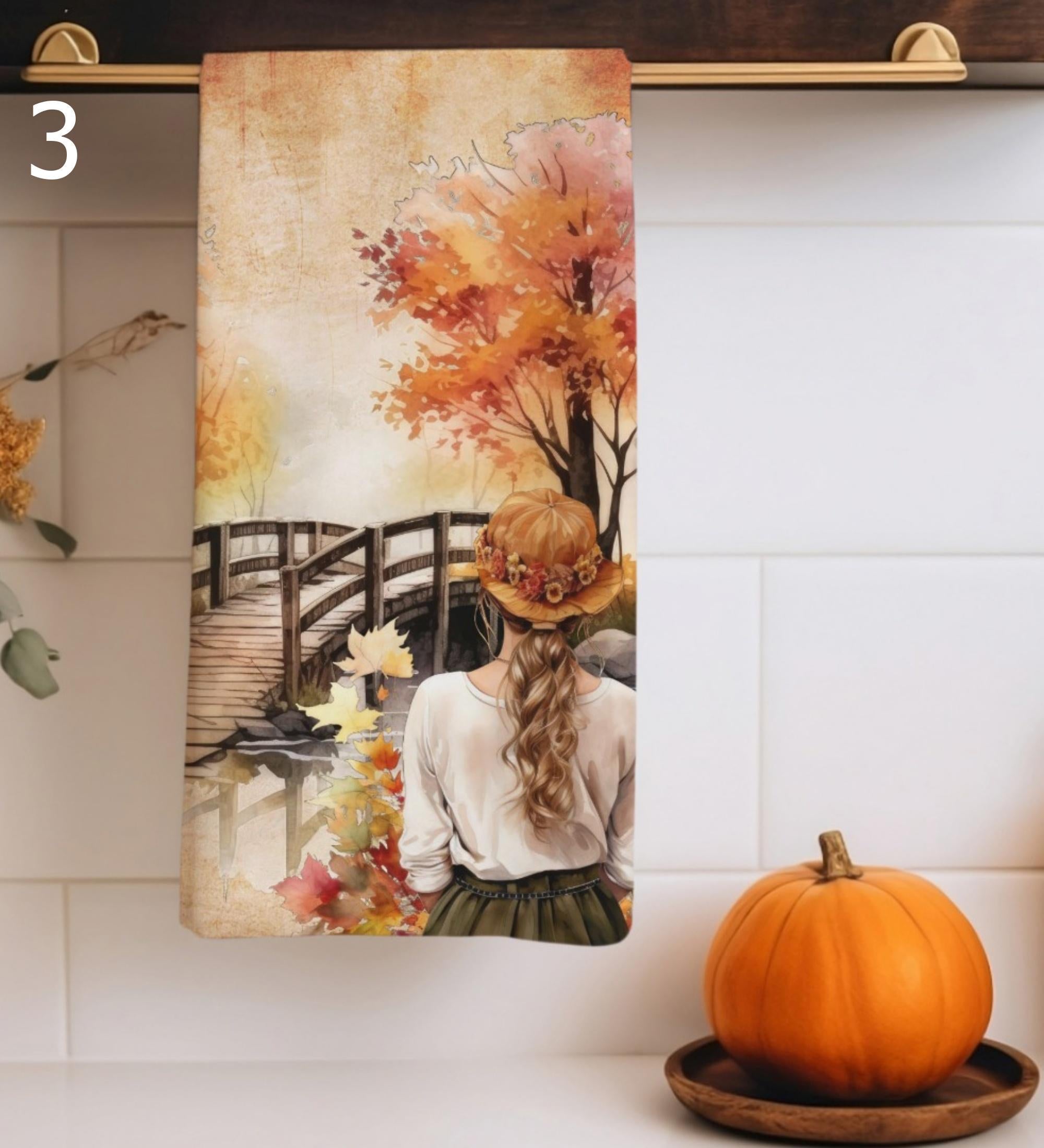 Autumn Lady Tea Towels, Vintage Fall Kitchen Towels, Pumpkin Patch Retro Towels, Thanksgiving Decorative Hand Towels, Cozy Kitchen Decor