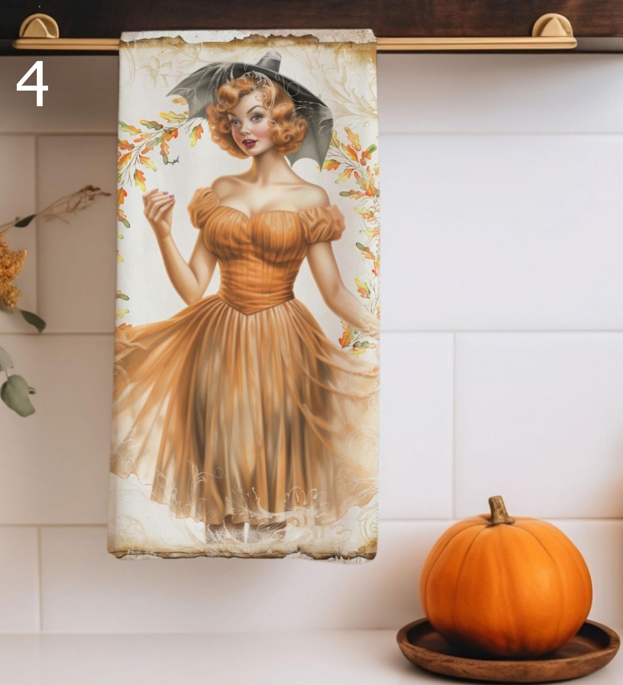 Autumn Lady Tea Towels, Vintage Fall Kitchen Towels, Pumpkin Patch Retro Towels, Thanksgiving Decorative Hand Towels, Cozy Kitchen Decor