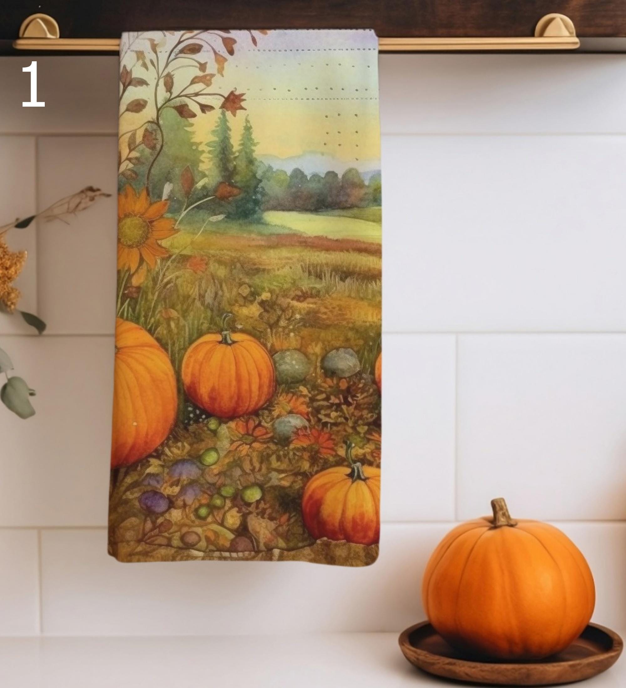 Fall Pumpkin Tea Towels, Rustic Thanksgiving Kitchen Towels, Autumn Harvest Dish Towels, Housewarming Gift, Pumpkin Hand Towels