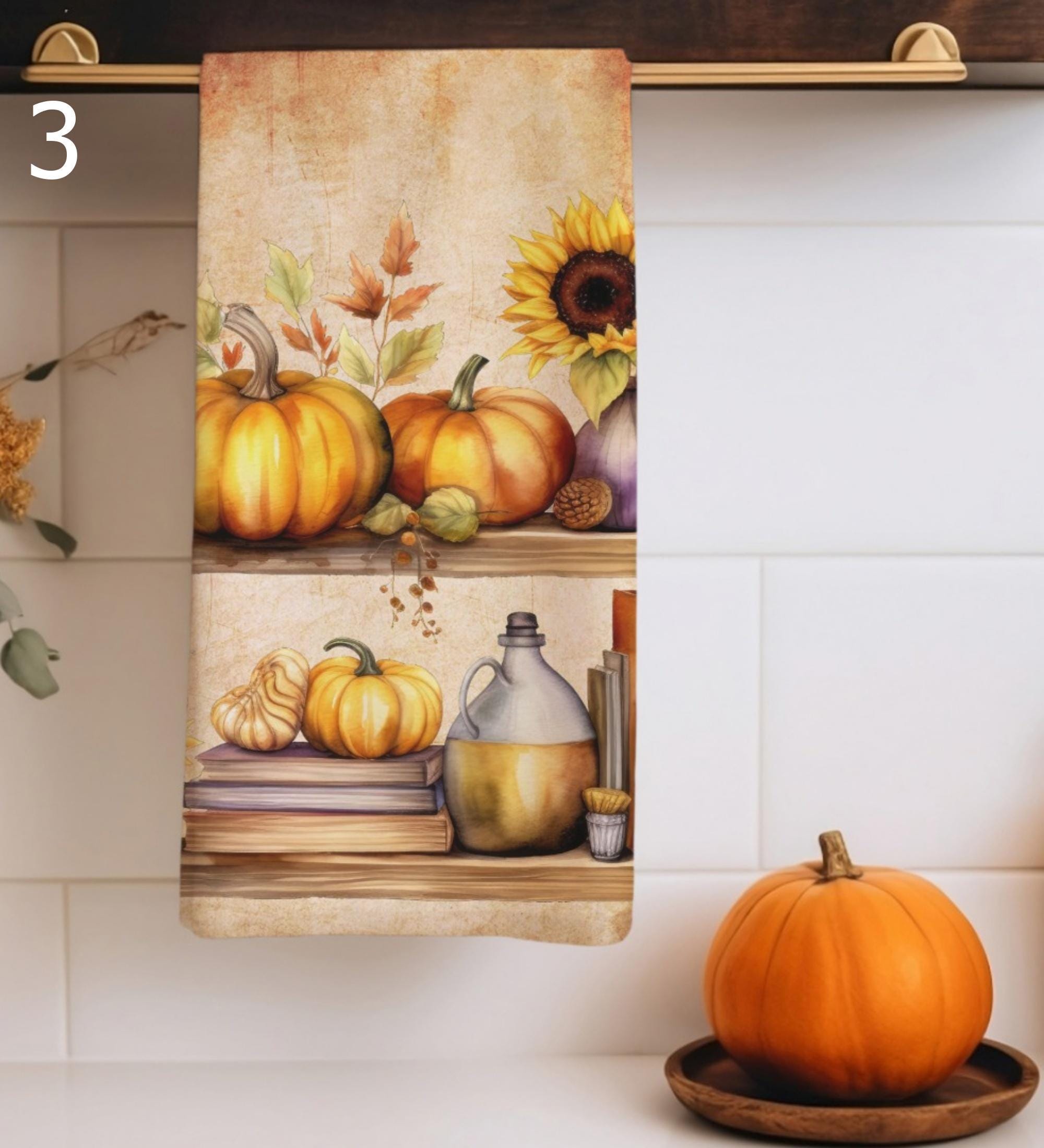 Fall Pumpkin Tea Towels, Rustic Thanksgiving Kitchen Towels, Autumn Harvest Dish Towels, Housewarming Gift, Pumpkin Hand Towels