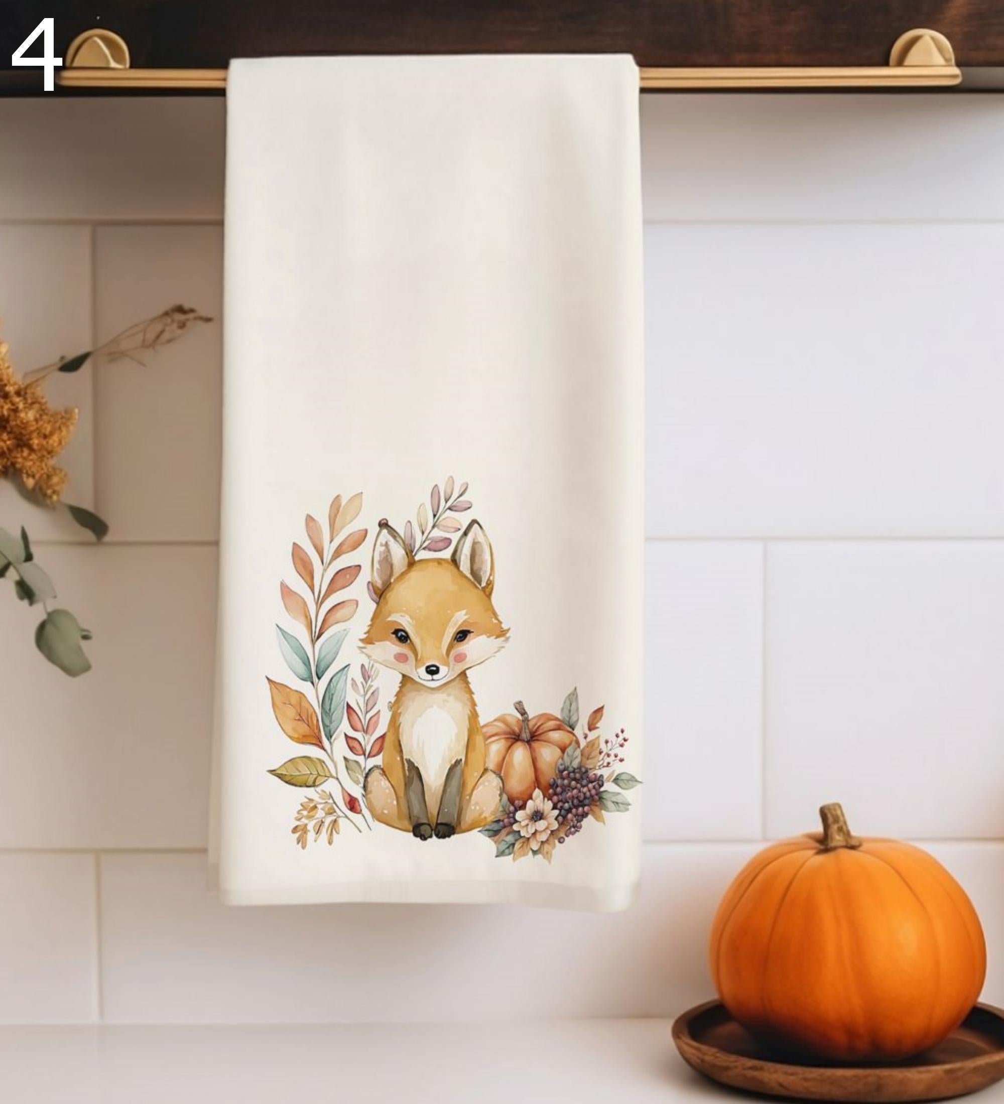 Fall Leaves Tea Towels, Autumn Kitchen Towels, Seosonal Cute Fox Hand Towels, Thanksgiving Printed Dish Towels, Autumn Leaf Tea Towels