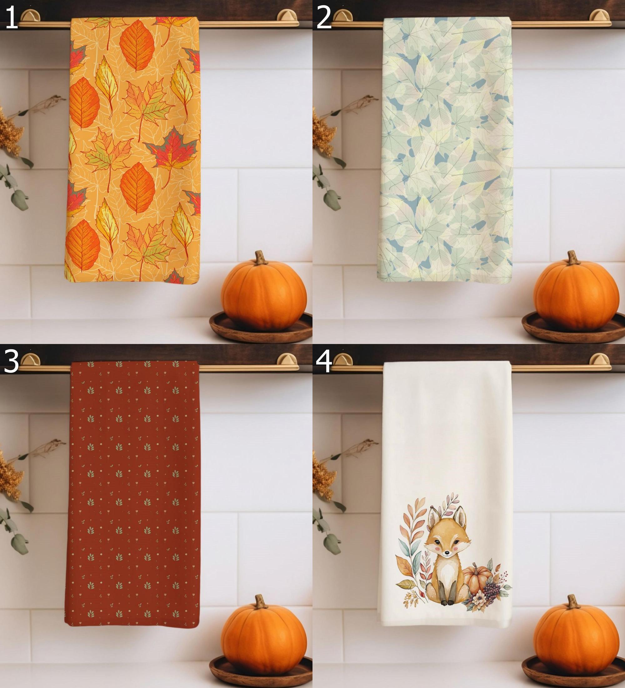 Fall Leaves Tea Towels, Autumn Kitchen Towels, Seosonal Cute Fox Hand Towels, Thanksgiving Printed Dish Towels, Autumn Leaf Tea Towels