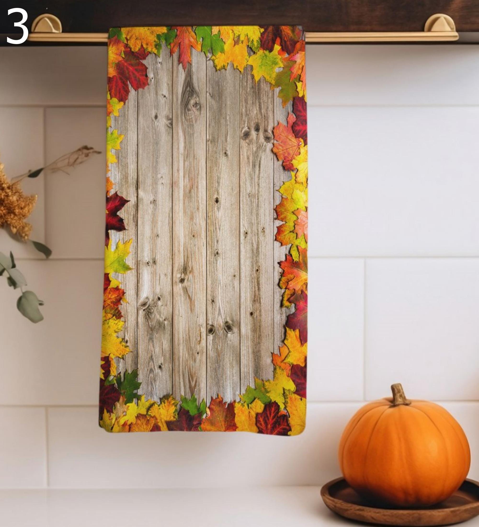 Fall Leaves Tea Towels, Cozy Autumn Tea Towels, Autumn Kitchen Towels, Thanksgiving Printed Dish Towels, Fall Leaf Tea Towels