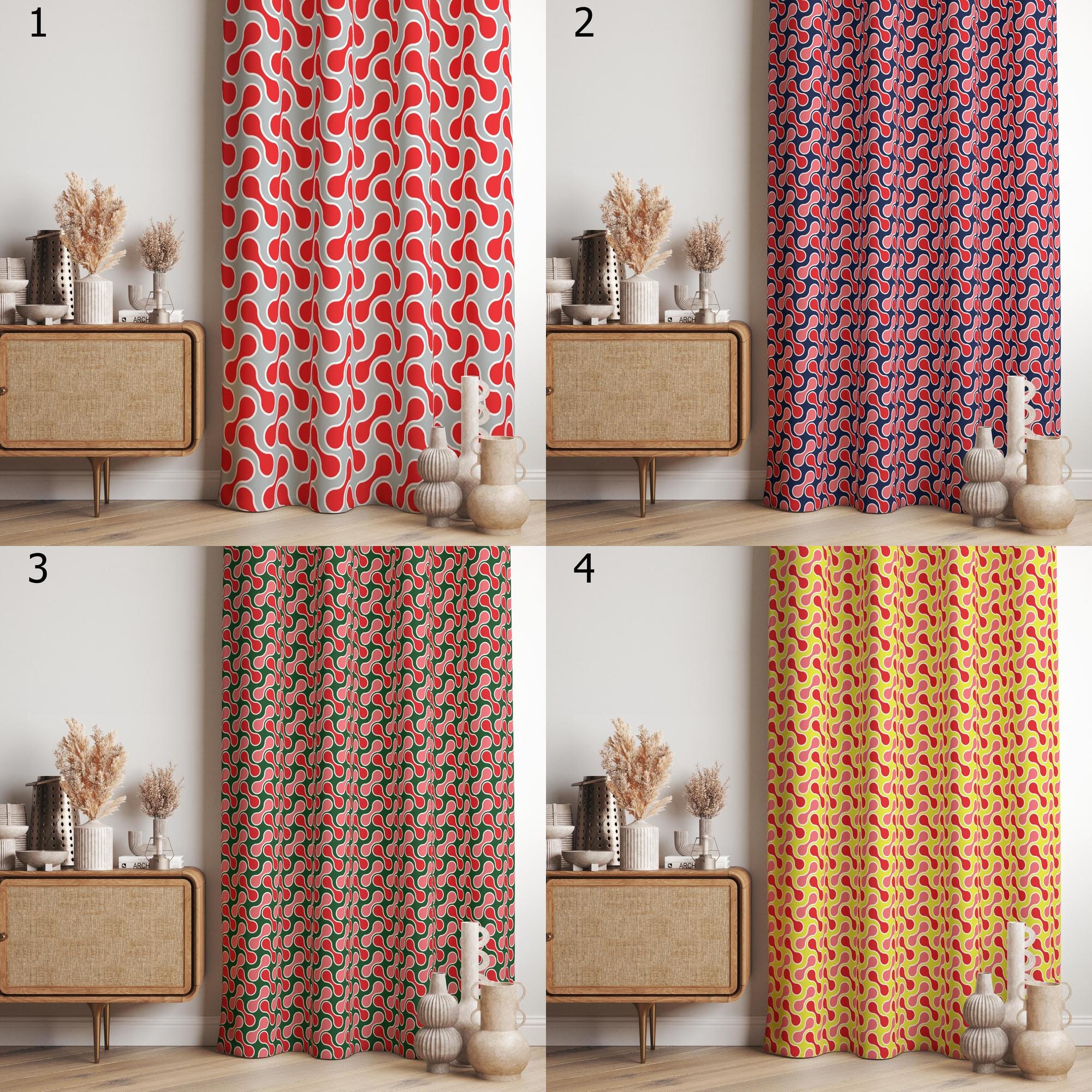 Retro Wave Curtains, 70s Geometric Curtains, Mid-Century Modern Drapes, Retro Dotted Style Curtains, Mid Century Curtain Panels
