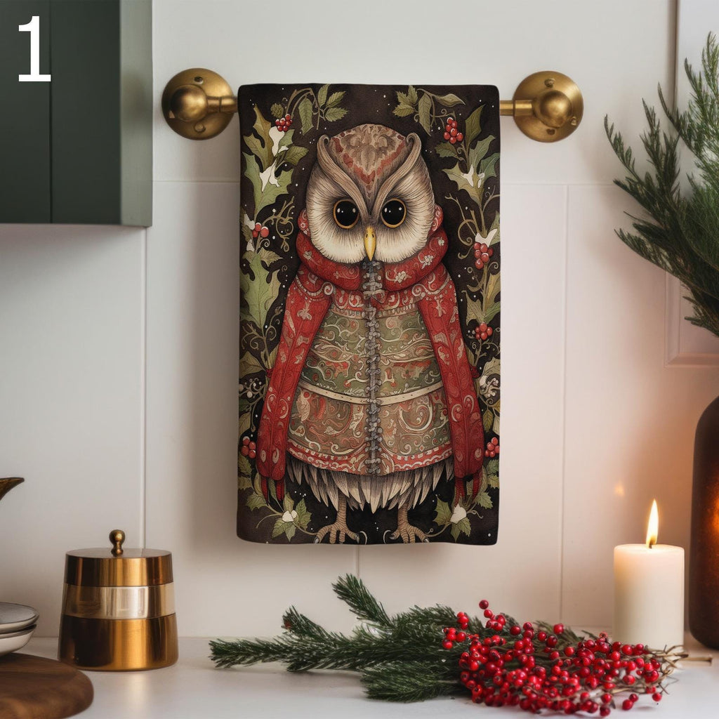 Christmas Owl Printed Hand Towel, Xmas Birds Dish Towels, Christmas Birds Towels, Winter Kitchen  Decor Birds Tea Towels, Xmas Owl Tea Towel