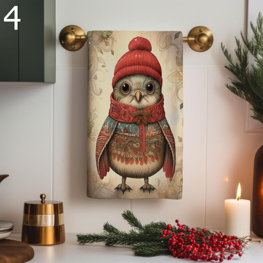 Christmas Owl Printed Hand Towel, Xmas Birds Dish Towels, Christmas Birds Towels, Winter Kitchen  Decor Birds Tea Towels, Xmas Owl Tea Towel