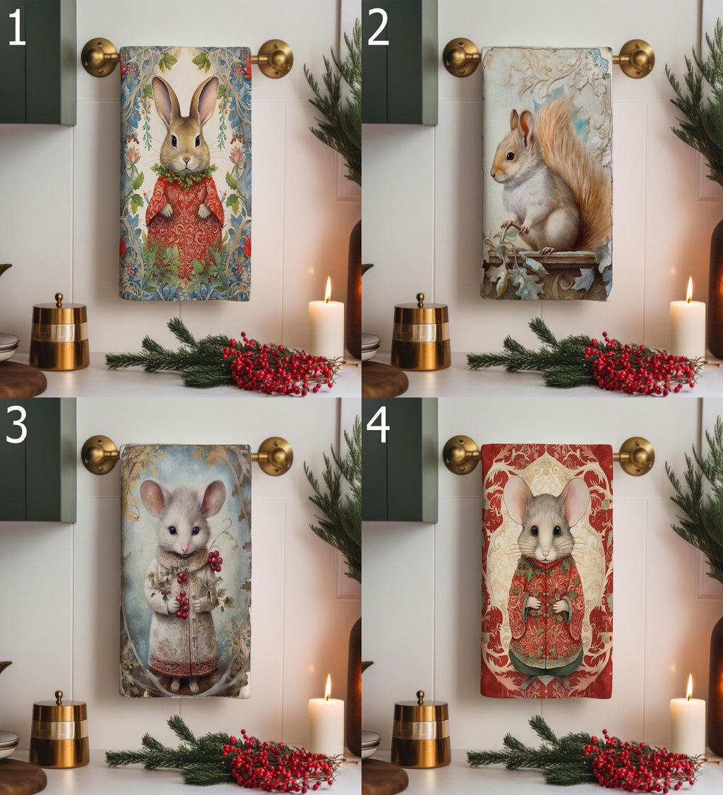 Christmas Rabbit Tea Towels, Xmas Squirrel Tea Towels, Cute Mouse Dish Towels, Christmas Animals Dish Towel, Animals Kitchen Decor Towels