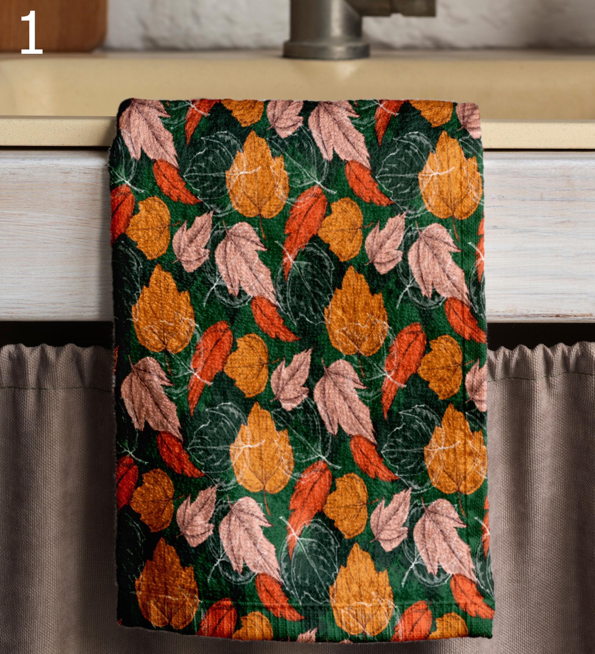 Maple Leaf Tea Towels, Fall Leaf Tea Towels, Autumn Kitchen Towels, Thanksgiving Hand Towels, Cozy Fall Kitchen Decor