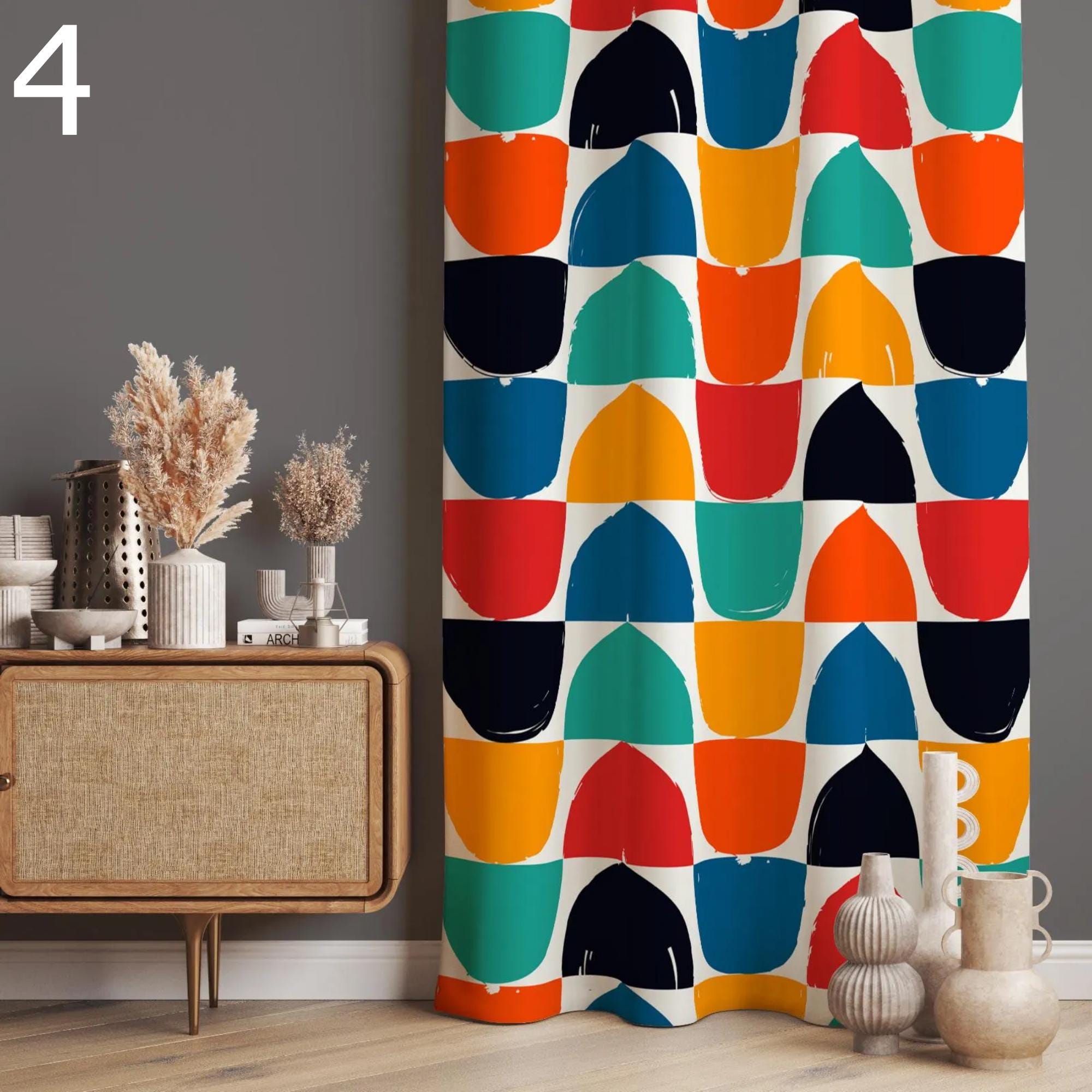 Retro Geometric Curtains, Mid Century Modern Window Drapes, 70s Style Colorful Curtains, Funky Bold Pattern Drapes, Vintage Modern Curtains