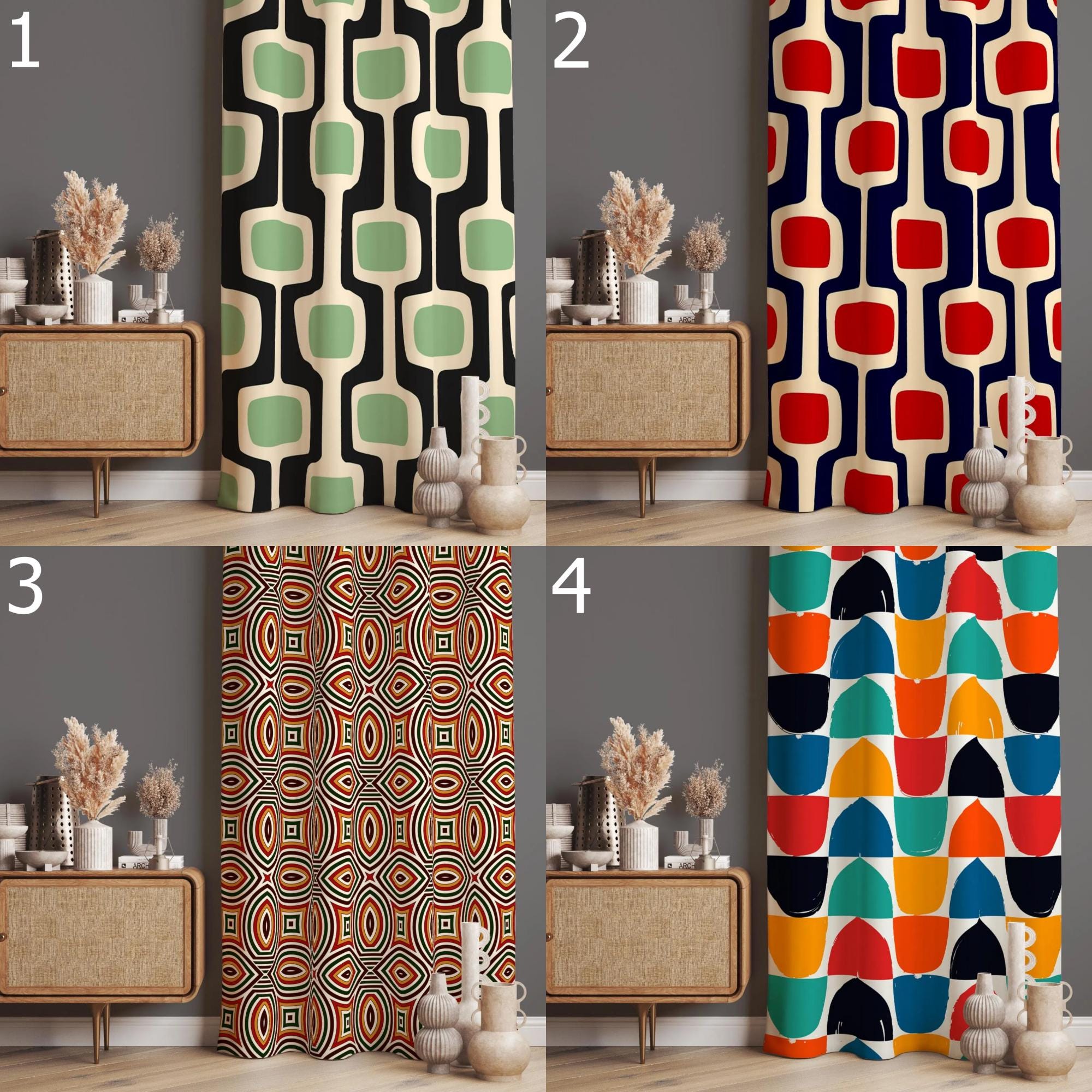 Retro Geometric Curtains, Mid Century Modern Window Drapes, 70s Style Colorful Curtains, Funky Bold Pattern Drapes, Vintage Modern Curtains