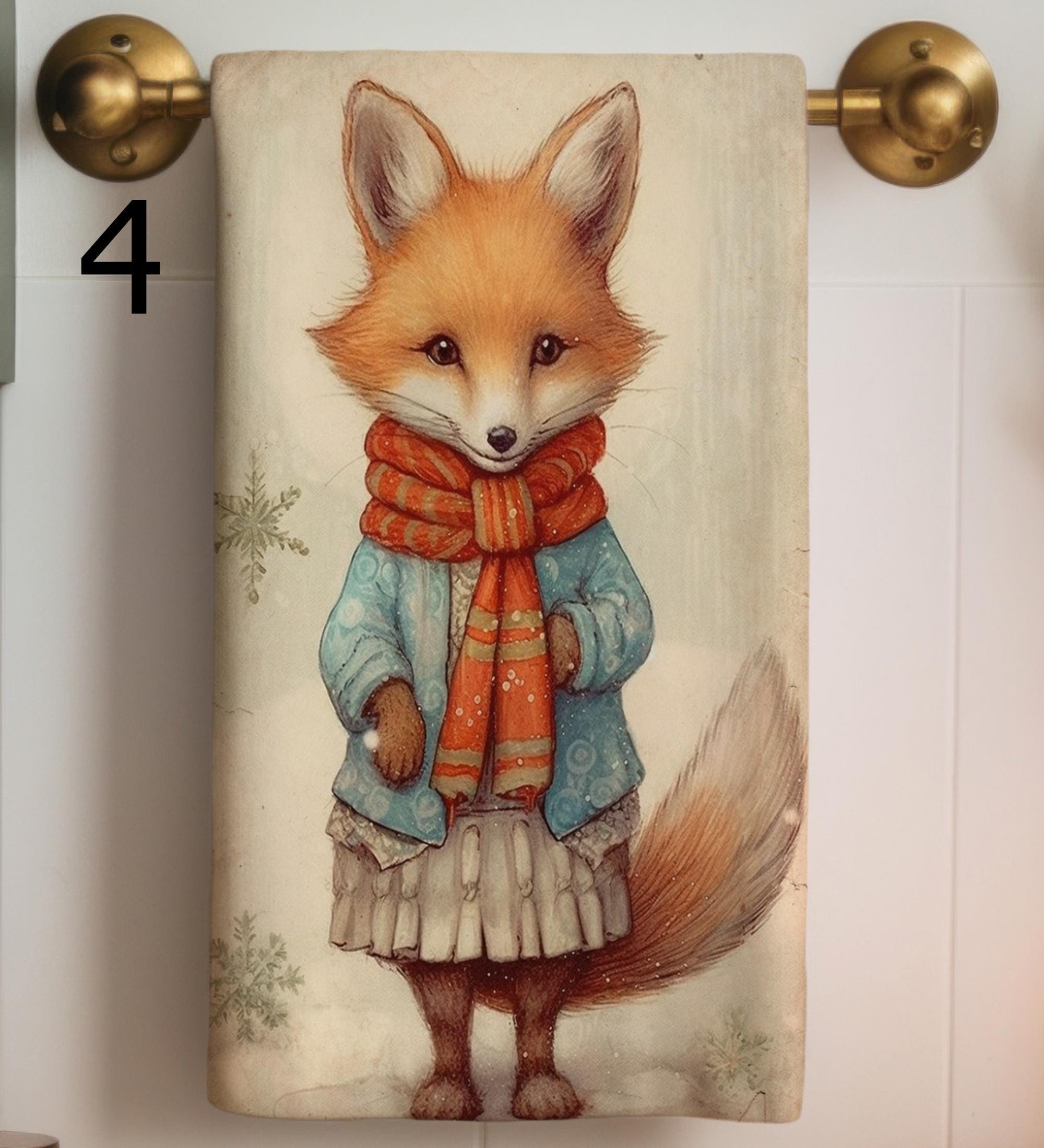 Christmas Fox Tea Towel, Xmas Bear Tea Towels, Cute Fox and Bear Dish Towel, Winter Animals Tea Towel, Noel Animals Kitchen Decor Hand Towel