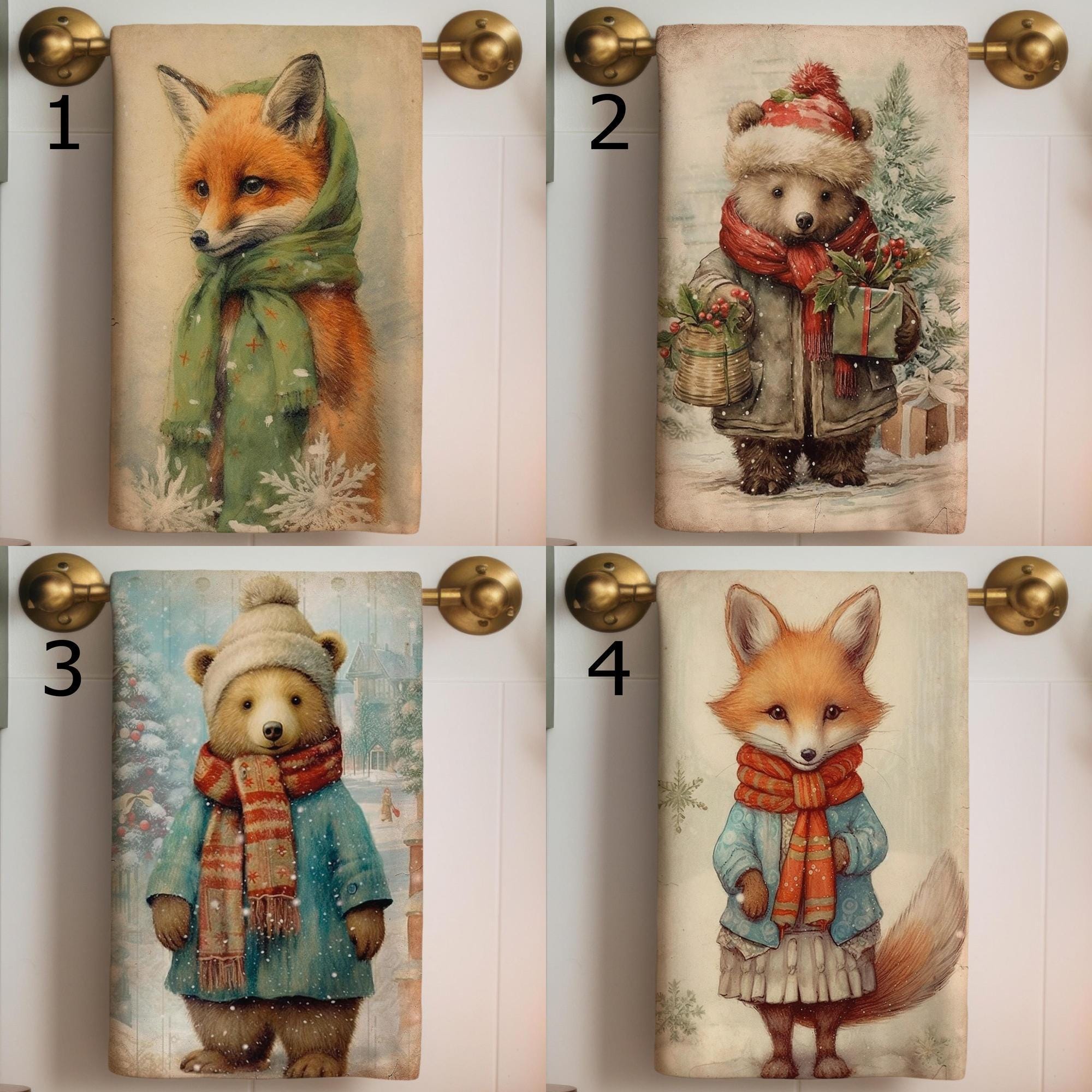 Christmas Fox Tea Towel, Xmas Bear Tea Towels, Cute Fox and Bear Dish Towel, Winter Animals Tea Towel, Noel Animals Kitchen Decor Hand Towel