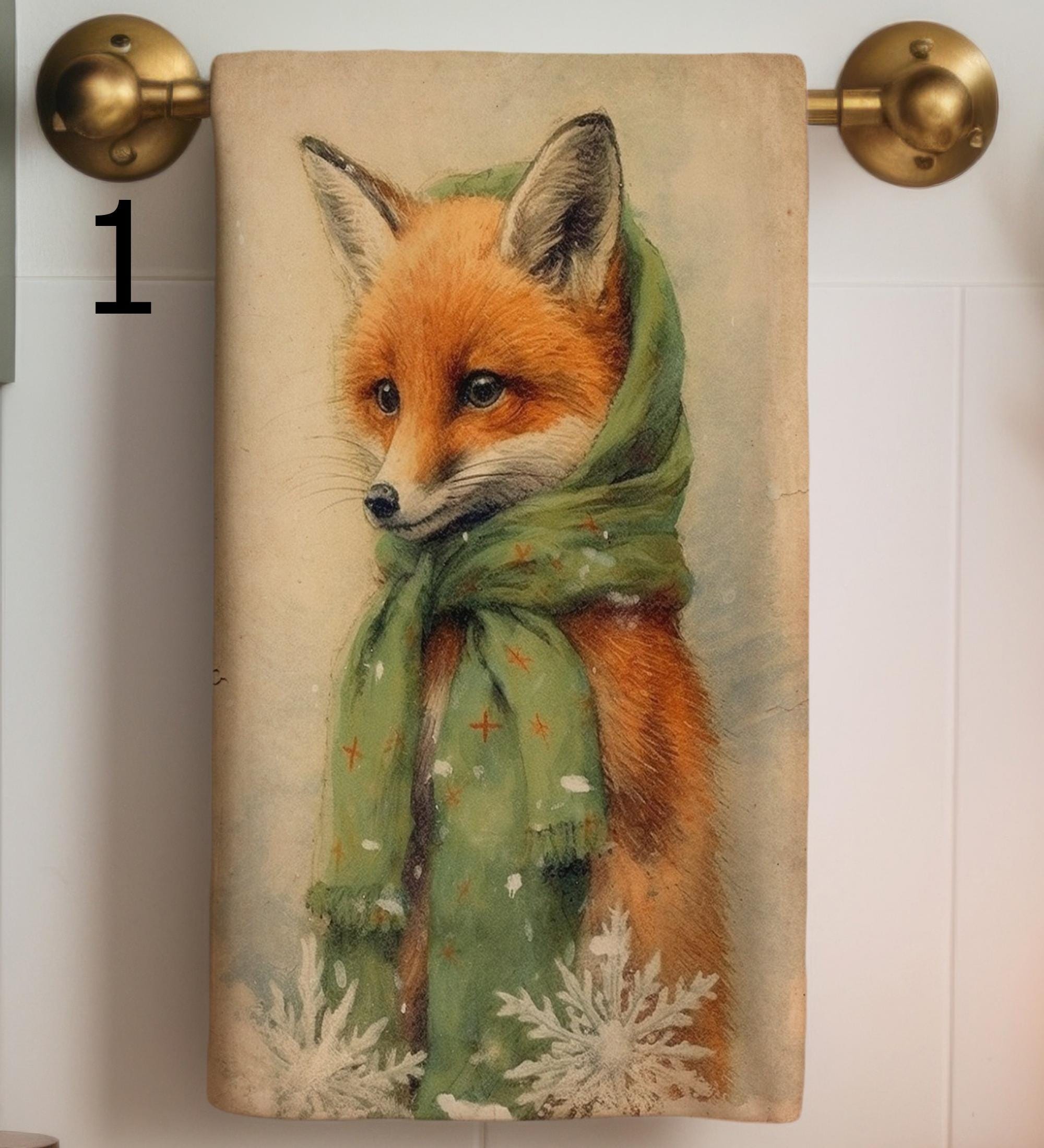 Christmas Fox Tea Towel, Xmas Bear Tea Towels, Cute Fox and Bear Dish Towel, Winter Animals Tea Towel, Noel Animals Kitchen Decor Hand Towel