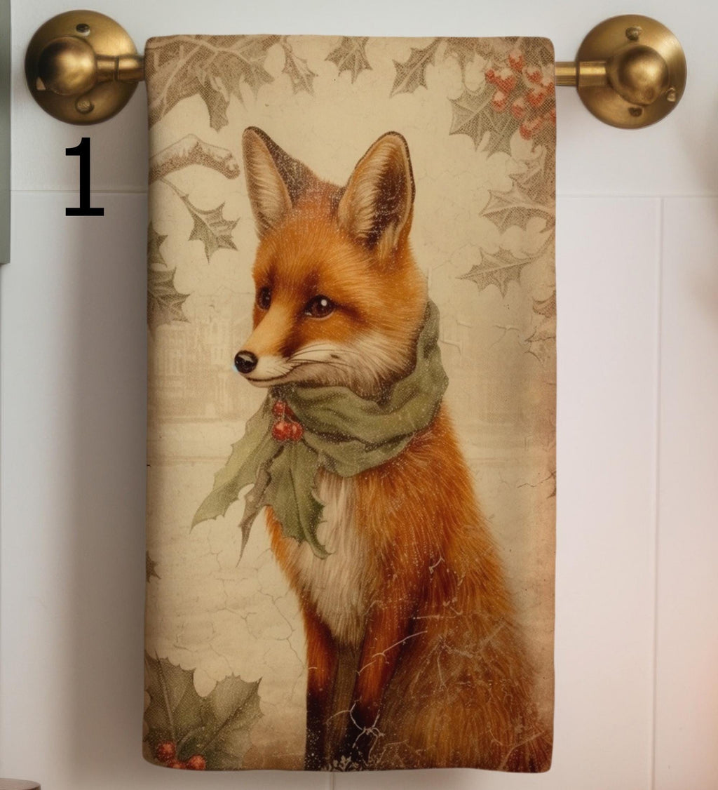 Christmas Animals Tea Towel, Xmas Lion Tea Towel, Cute Fox and Kangaroo Dish Towel, Xmas Wolf Tea Towel, Noel Animals Printed Kitchen Towel