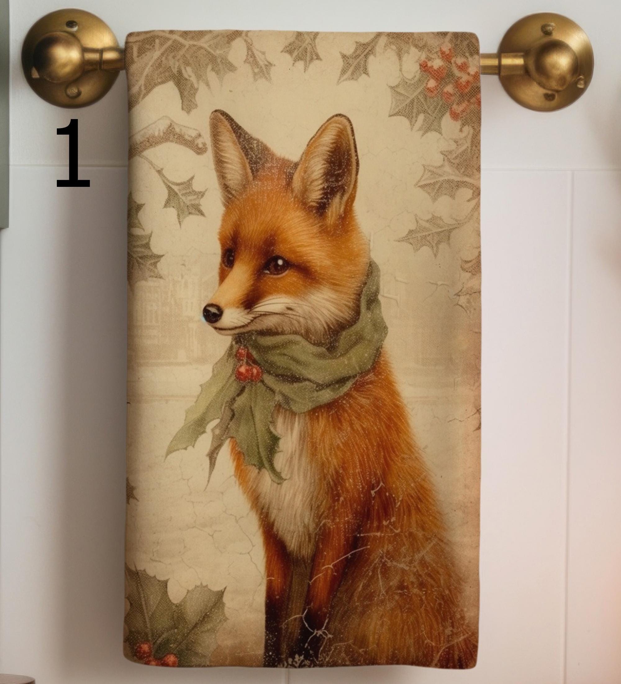 Christmas Animals Tea Towel, Xmas Lion Tea Towel, Cute Fox and Kangaroo Dish Towel, Xmas Wolf Tea Towel, Noel Animals Printed Kitchen Towel