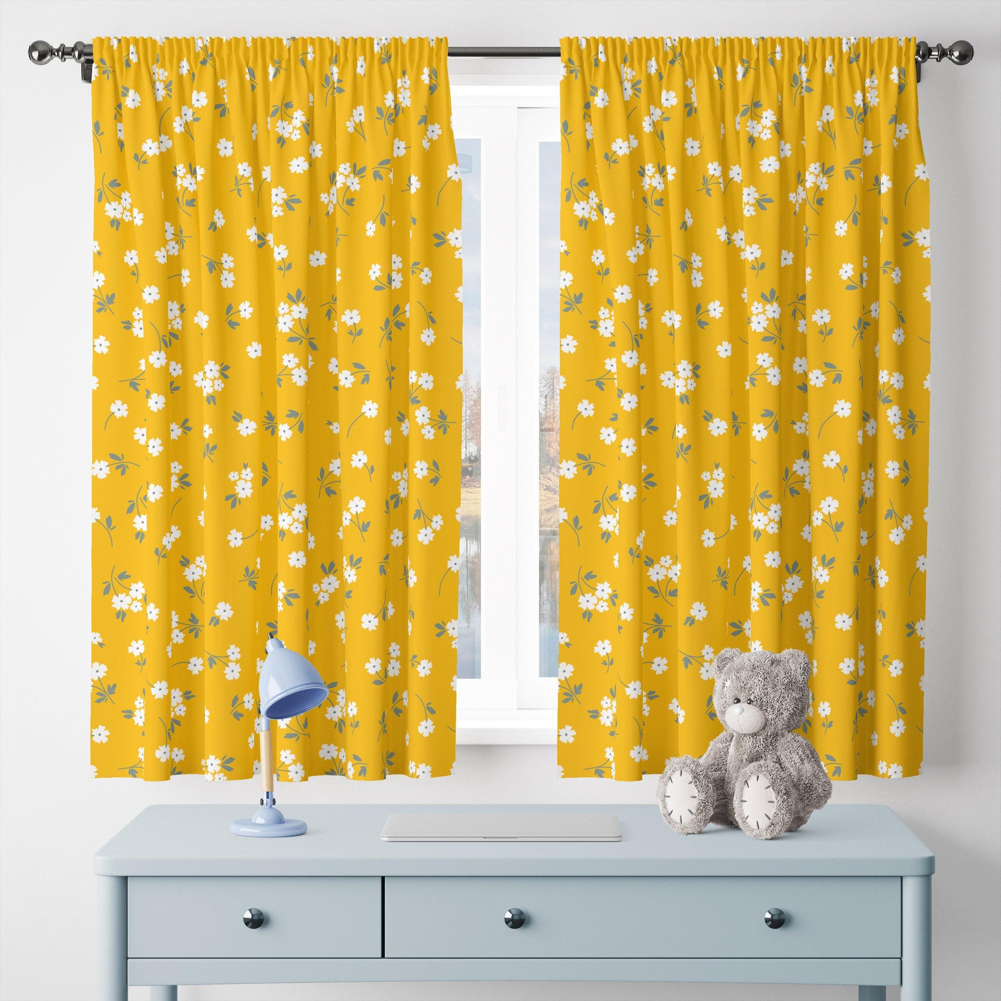 Farmhouse Floral Curtain Drapes, Country Yellow Floral Curtain, Rustic Floral Print Curtains, Modern Vintage Yellow Floral Curtain Panels
