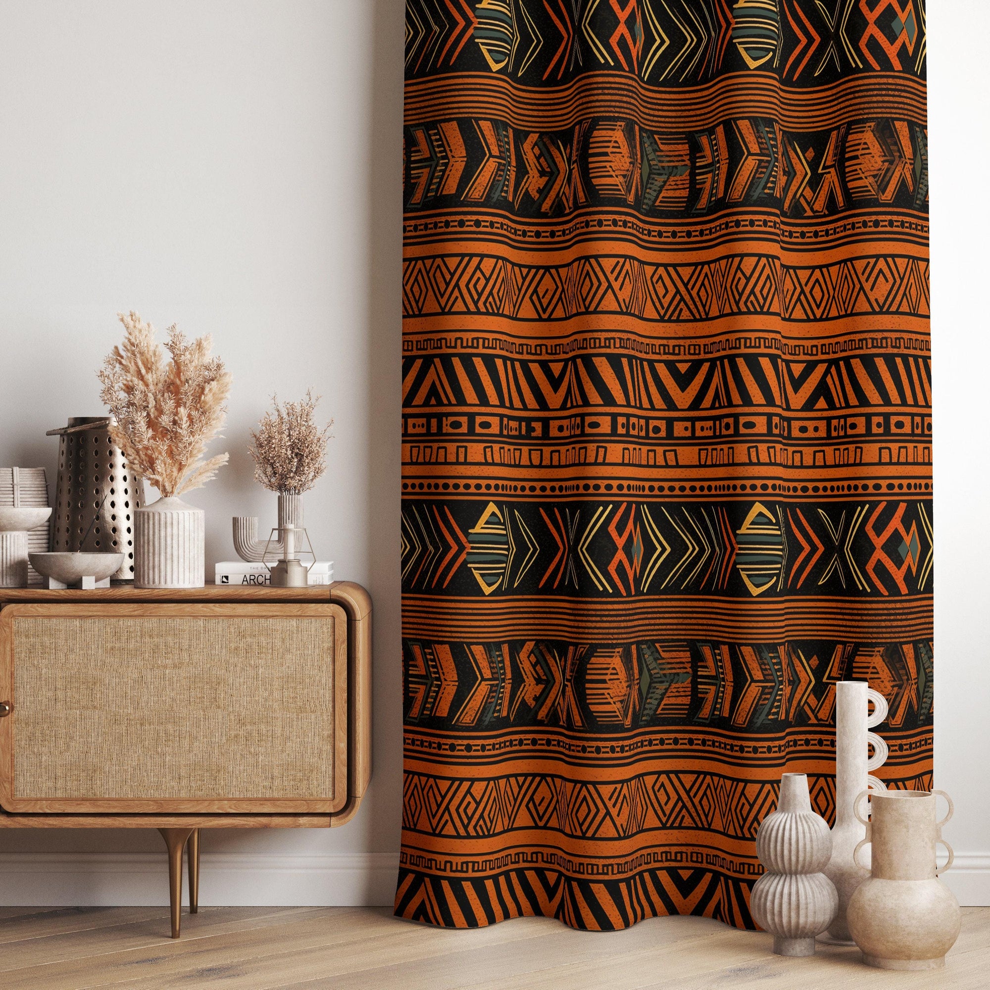 Terracotta Ethnic Window Curtain Panels, African Printed Curtain, African Ethnic Terracotta Curtain, African Tribal Curtains, African Drapes
