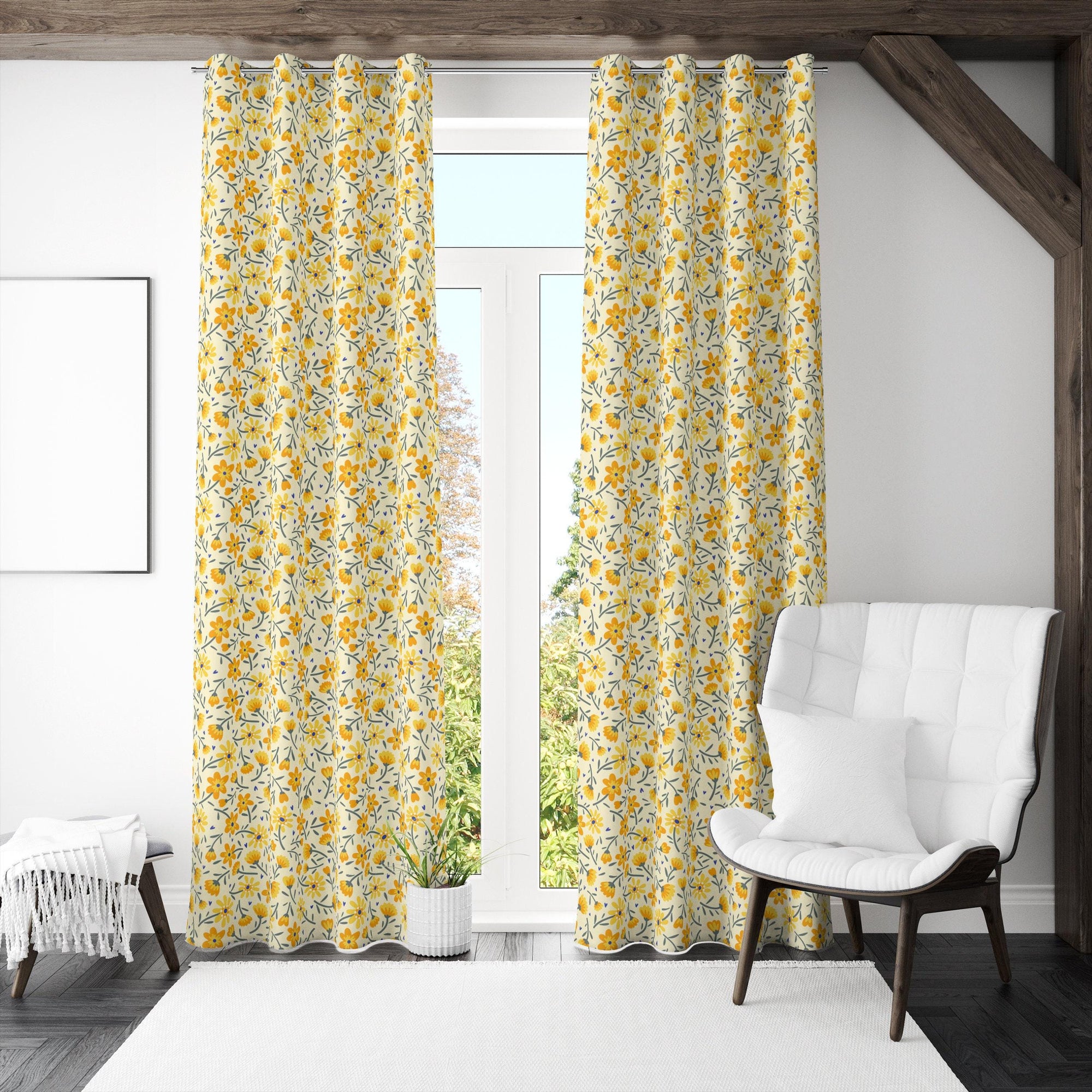 Yellow Floral Curtains, Modern Vintage Floral Curtain Panels, Retro Yellow Flowers Drapes, Floral Retro Style Living Room Curtain