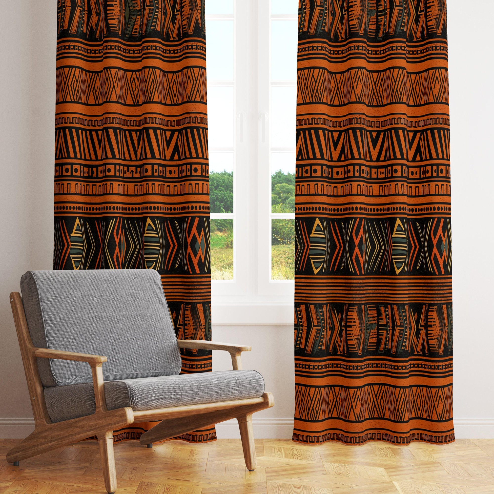 Terracotta Ethnic Window Curtain Panels, African Printed Curtain, African Ethnic Terracotta Curtain, African Tribal Curtains, African Drapes
