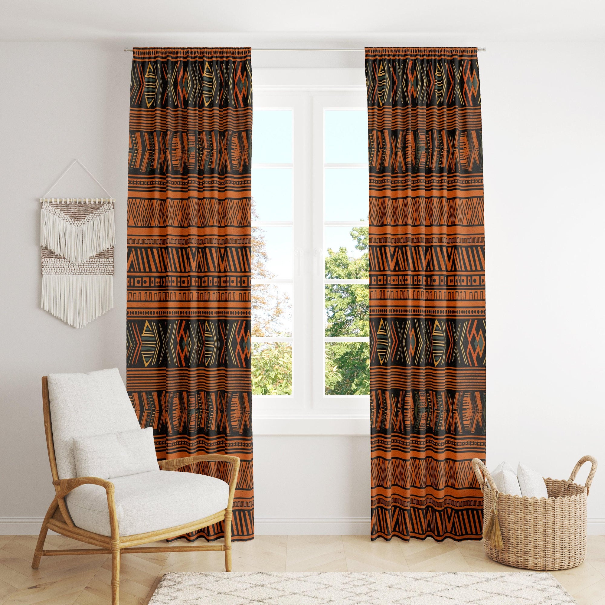 Terracotta Ethnic Window Curtain Panels, African Printed Curtain, African Ethnic Terracotta Curtain, African Tribal Curtains, African Drapes