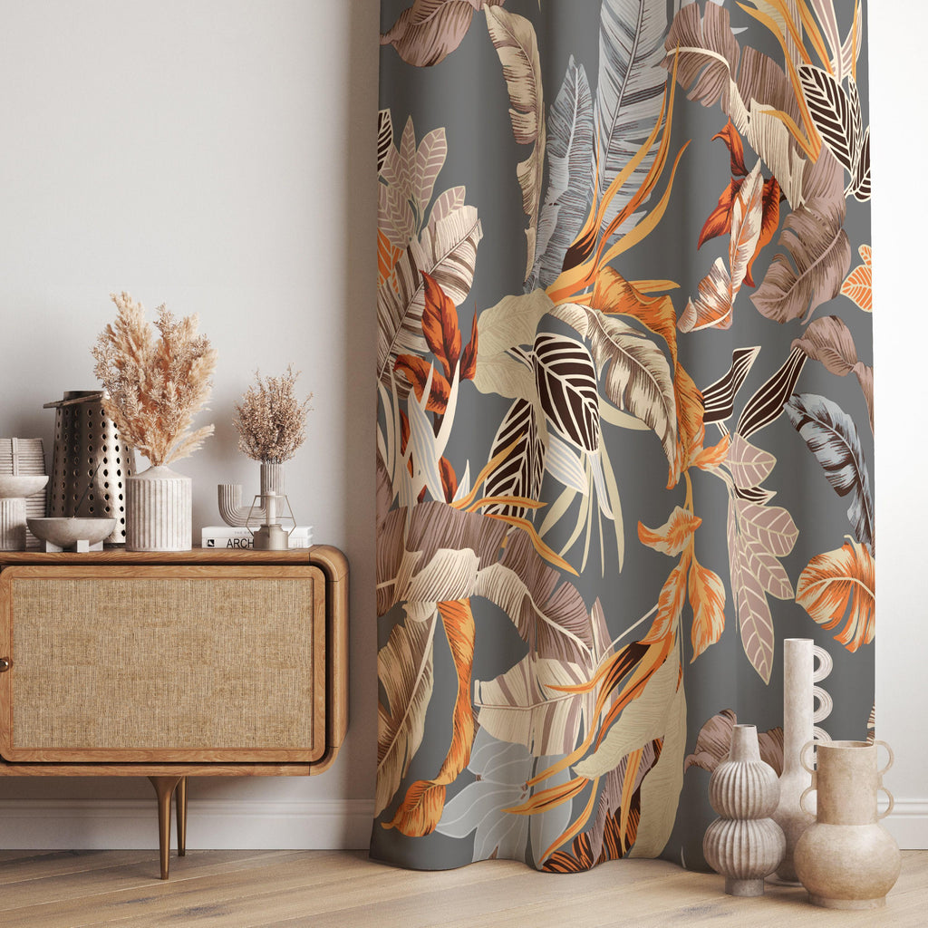 Tropical Abstract Leaves Curtain, Tropical Leaves Barkcloth Curtain Panels, Botanical Leaf Printed Curtains, Botanical Barkcloth Drapes