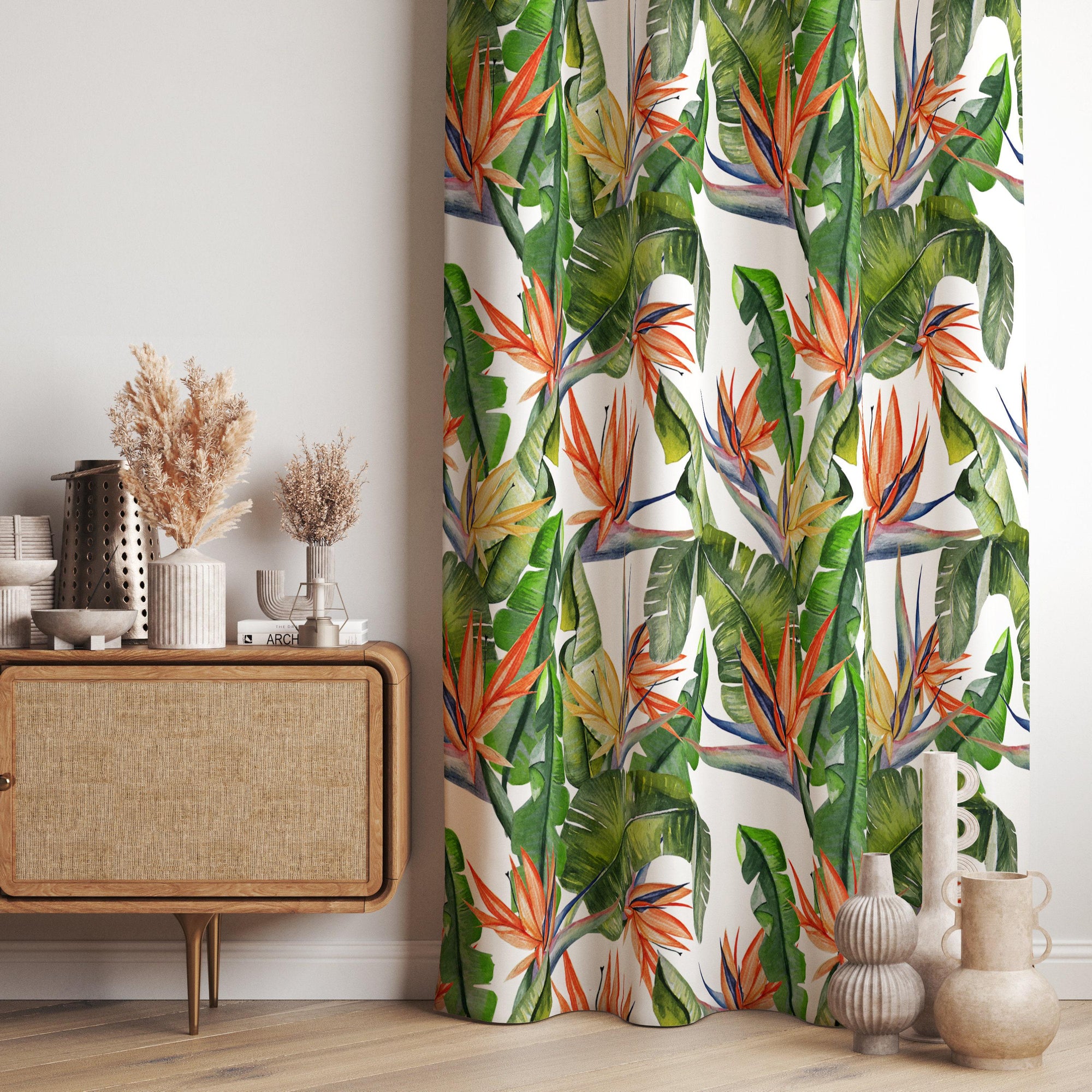 Tropical Curtains, Botanical Curtain, Vintage Tropical Curtain Panels, Exotic Abstract Retro Style Living Room Curtain, Tropical Drapes