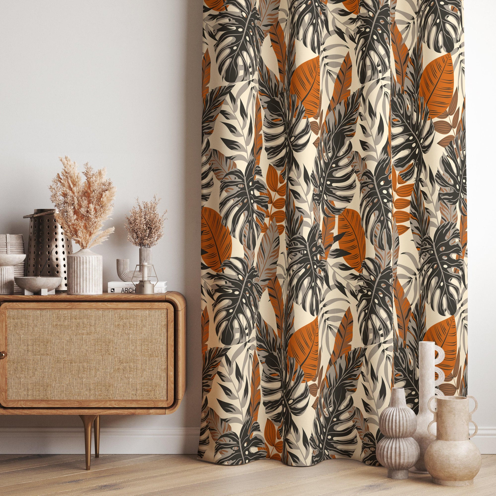 Tropical Curtains, Tropical Abstract Leaf Curtain Panels, Botanical Orange Leaf Style Curtain, Modern Vintage Tropical Leaves Curtains