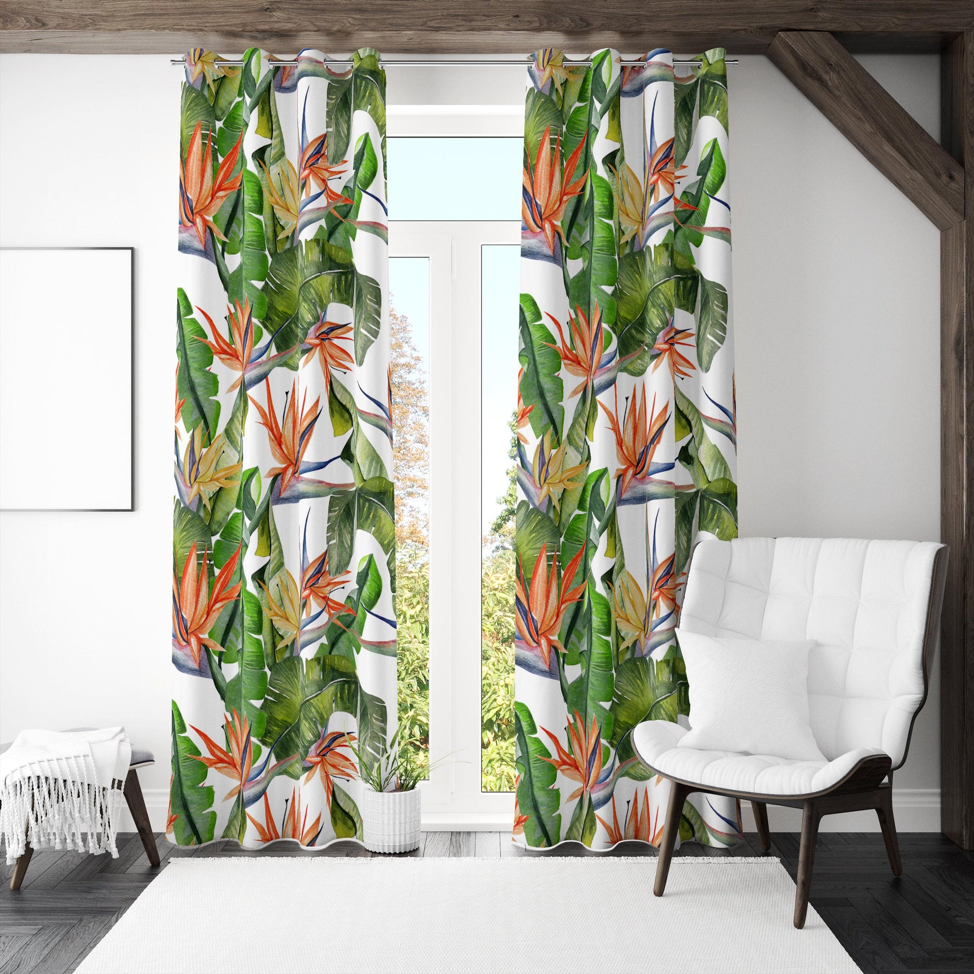Tropical Curtains, Botanical Curtain, Vintage Tropical Curtain Panels, Exotic Abstract Retro Style Living Room Curtain, Tropical Drapes