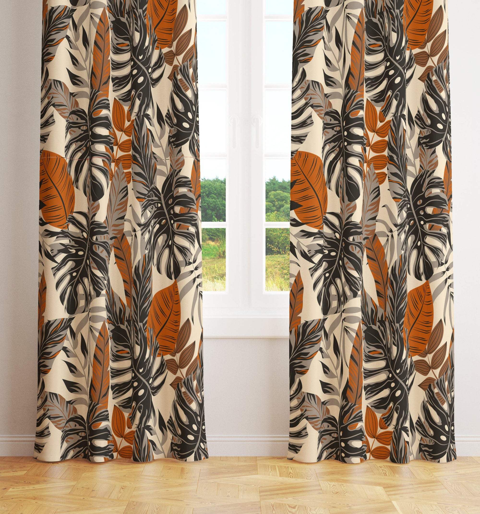 Tropical Curtains, Tropical Abstract Leaf Curtain Panels, Botanical Orange Leaf Style Curtain, Modern Vintage Tropical Leaves Curtains