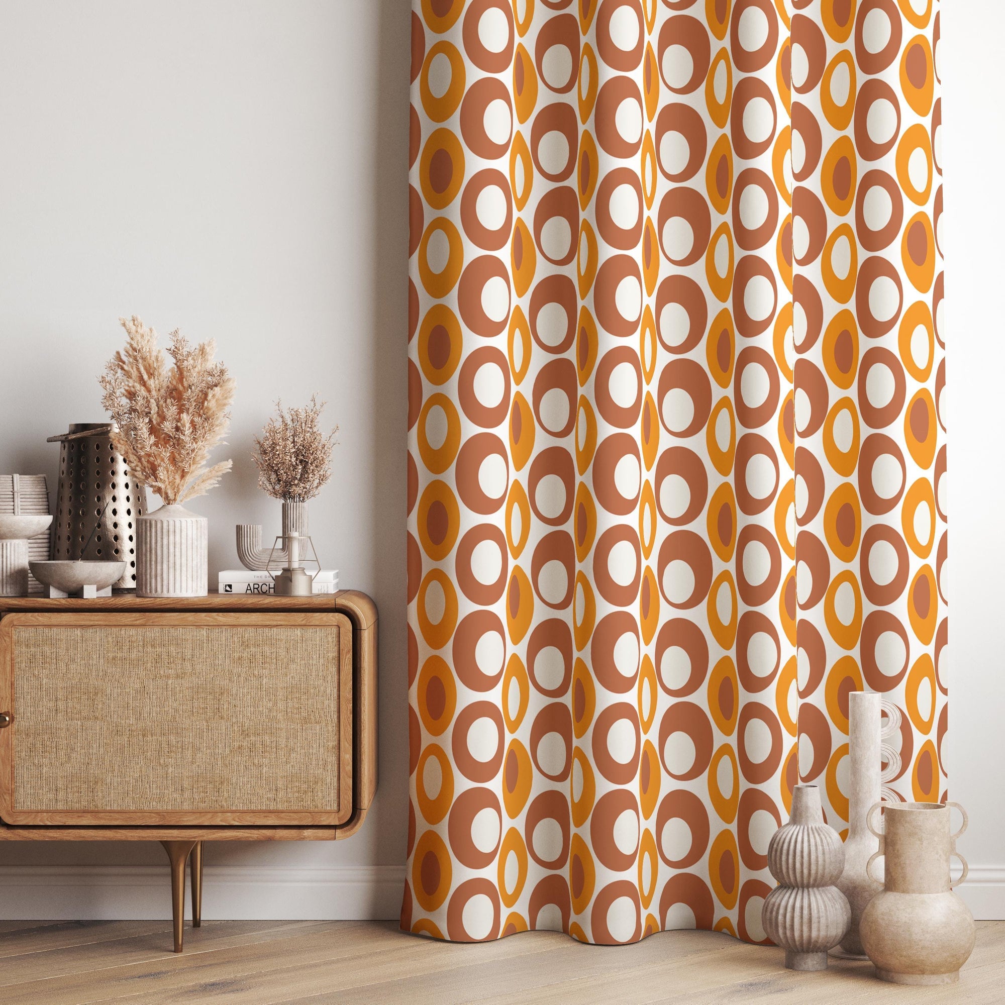 Retro Orange Circle Curtains, 70s Mid-Century Modern Drapes, Geometric Mod Pop Art Window Panels, Vintage Inspired Curtains