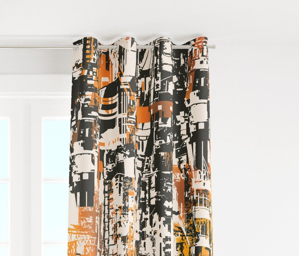 Modern Curtain Panels, Modern Abstract Curtain, Abstract Orange Black Painting Curtain, Abstract Blackout Curtains, Abstract Grommet Curtain