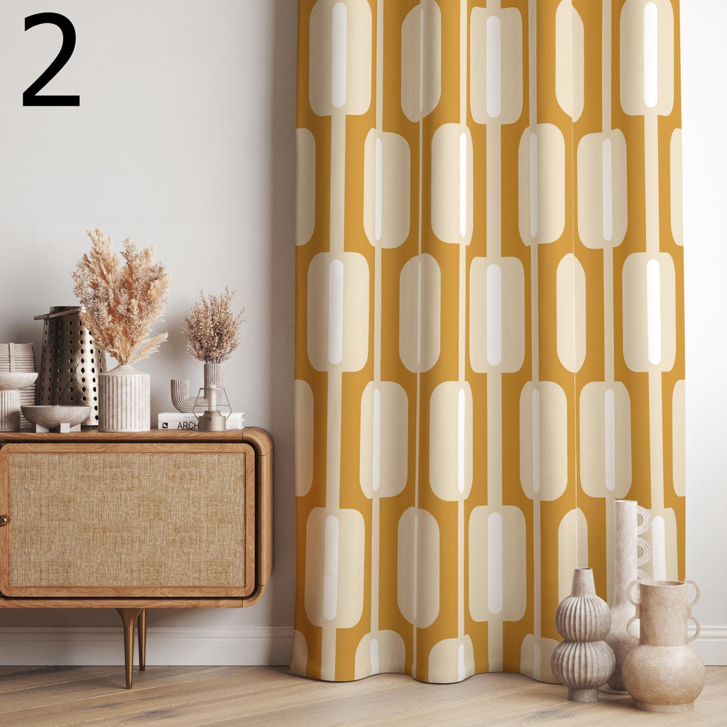 Tan Geometric Printed Curtain, Beige Art Deco Style Curtain, Tan Beige Curtains, Mid Century Modern Curtain Panels, Retro 70s Beige Curtains
